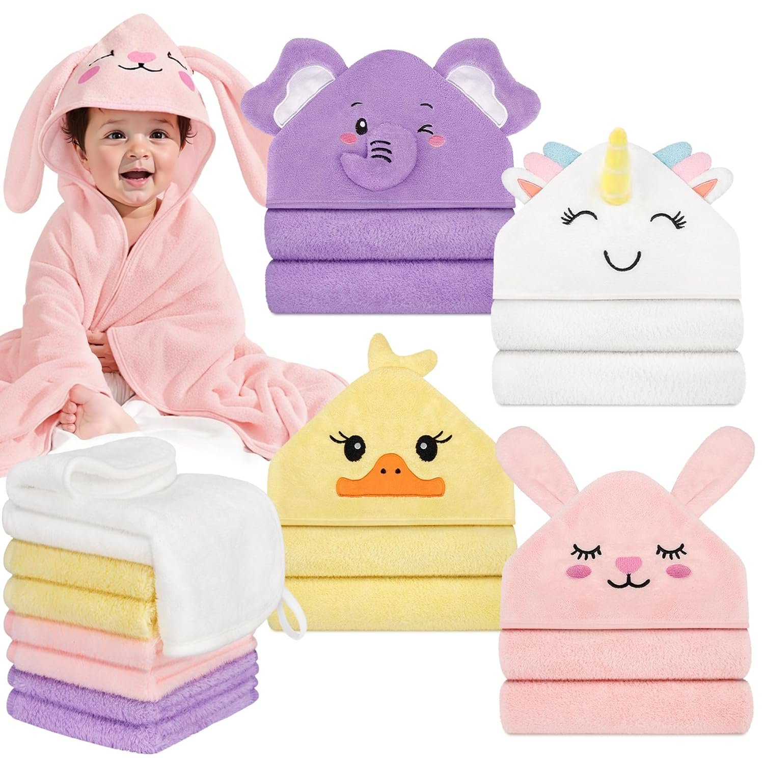 12 PCS Baby Bath Towels for Infants Toddlers, 4 PCS Animal Hooded Baby Towels & 8 PCS Washcloths Set, Ultra Absorbent Soft Cute Newborn Bath Essentials Gifts for Boys & Girls