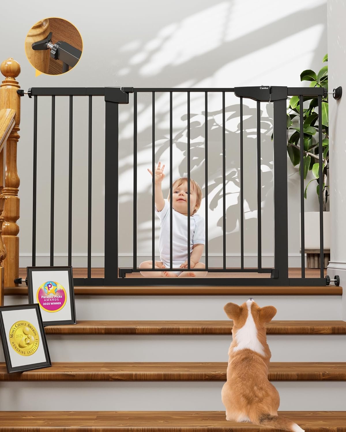 Cumbor 29.7-48″ Baby Gate for Stairs, Mom’s Choice Awards Winner-Dog Gate for Doorways, Auto Close Safety Pet Gate for Dogs Indoor, Easy Install Pressure Mounted Child Gate with Walk Thru Door, Black