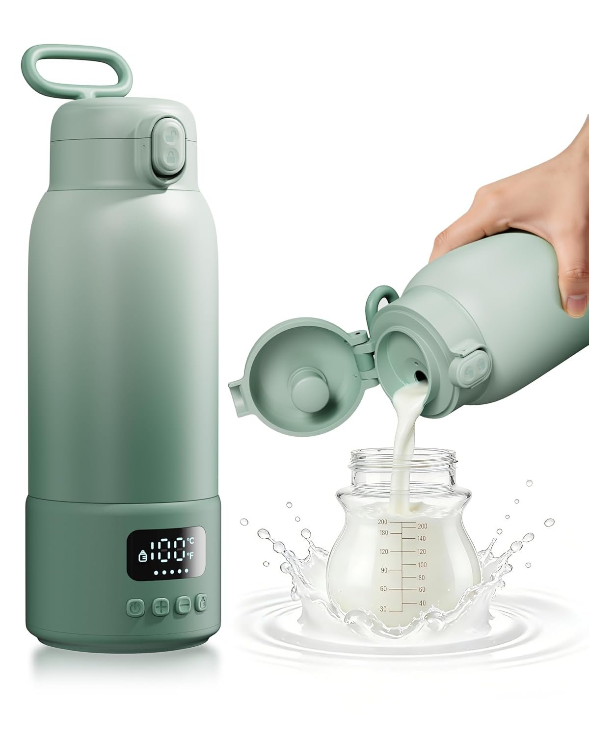 Portable Bottle Warmer for Travel, 17oz Large Capacity, 2-Min Fast Heating, Keep Warm Function, Long Battery Life, Ideal for Heating Breast Milk and Water On-the-Go, Green