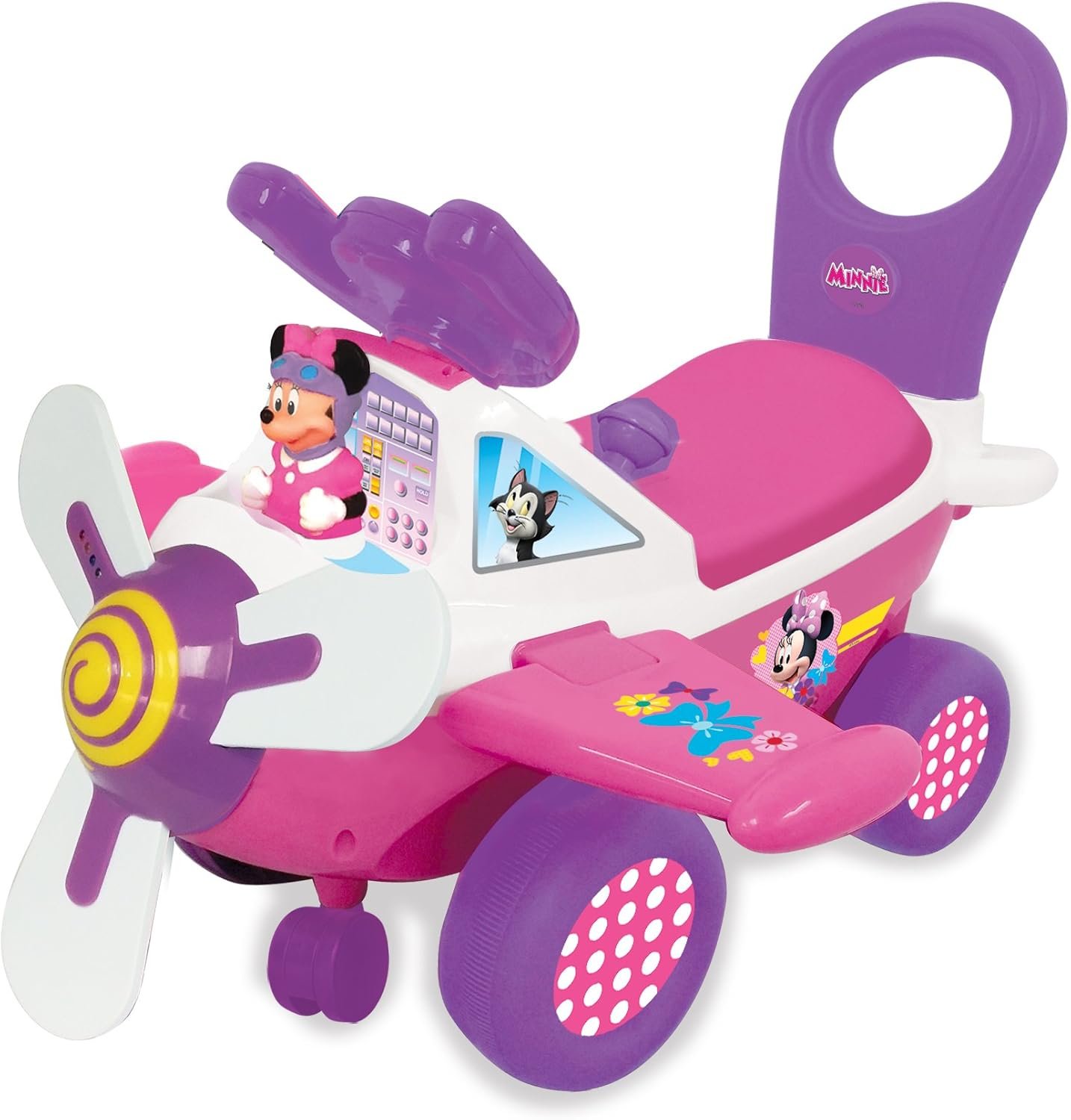 Kiddieland Disney My First Minnie Ride-On Plane Toy with Music, Lights & Sounds, Steering Wheel, 360° Turning, Horn, Foot-to-Floor Toddler Vehicle