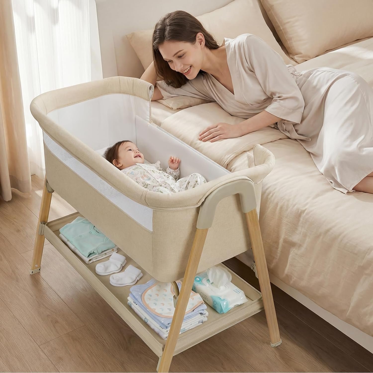 Uuoeebb Baby Bassinet, Bedside Bassinet for Baby, 2-in-1 Bedside Sleeper with Mattress, Half-Mesh Breathable Design, 4 Auto-Lock Wheels, Storage Basket, Easy Assembly (Khaki)