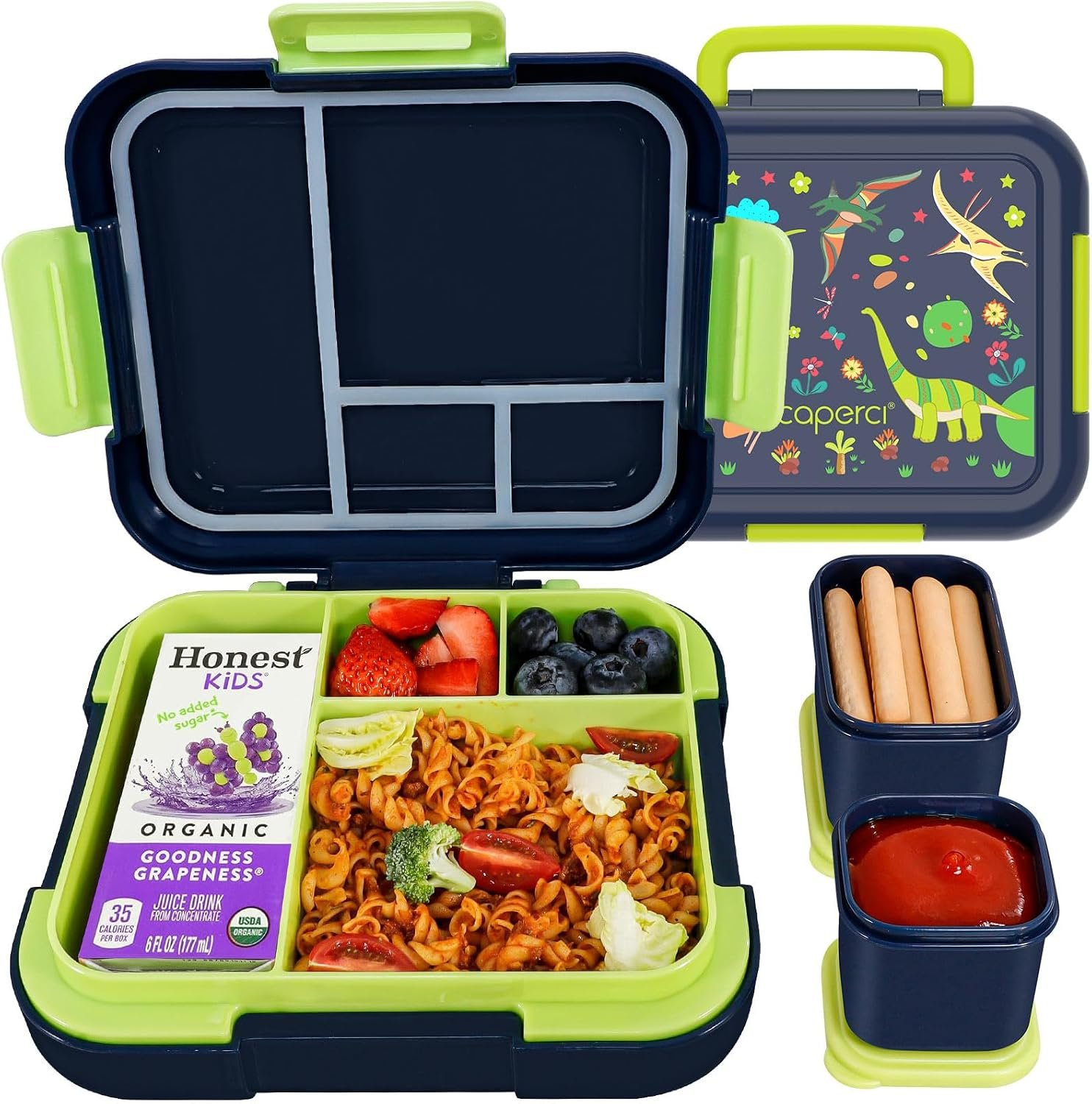 Caperci Bento Box for Kids – Leak-Proof Toddler Lunch Box Container with 2 Modular Containers & 4-Compartment, Hold 4.8 Cups, Portable Handle, BPA-Free, Microwave/Dishwasher Safe (Dinosaur)