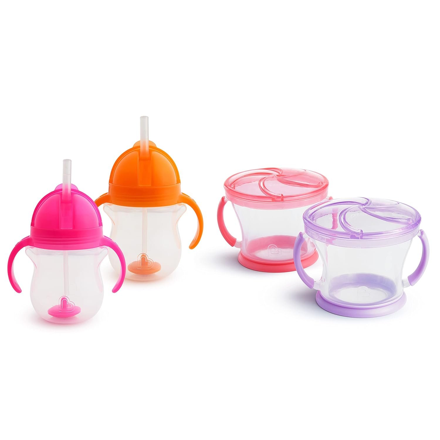 Munchkin Happy Snacker Toddler Cups and Snack Containers – 7oz Any Angle Weighted Straw Trainer Cup and 9oz Snack Catchers, Purple/Pink