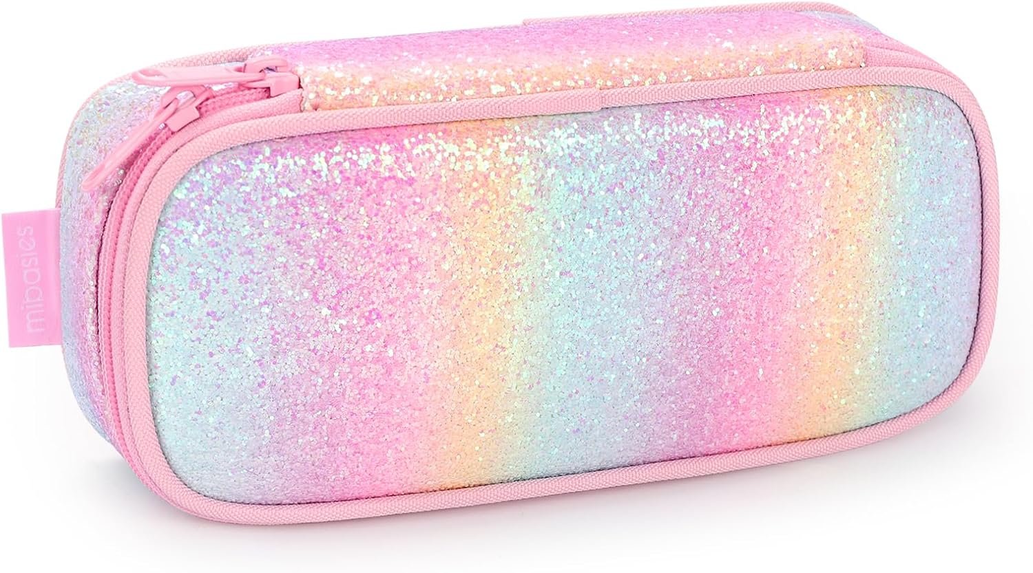 mibasies Girls Pencil Case for Kids, Multi-Slot Pencil Pouch, Pink Blue Rainbow