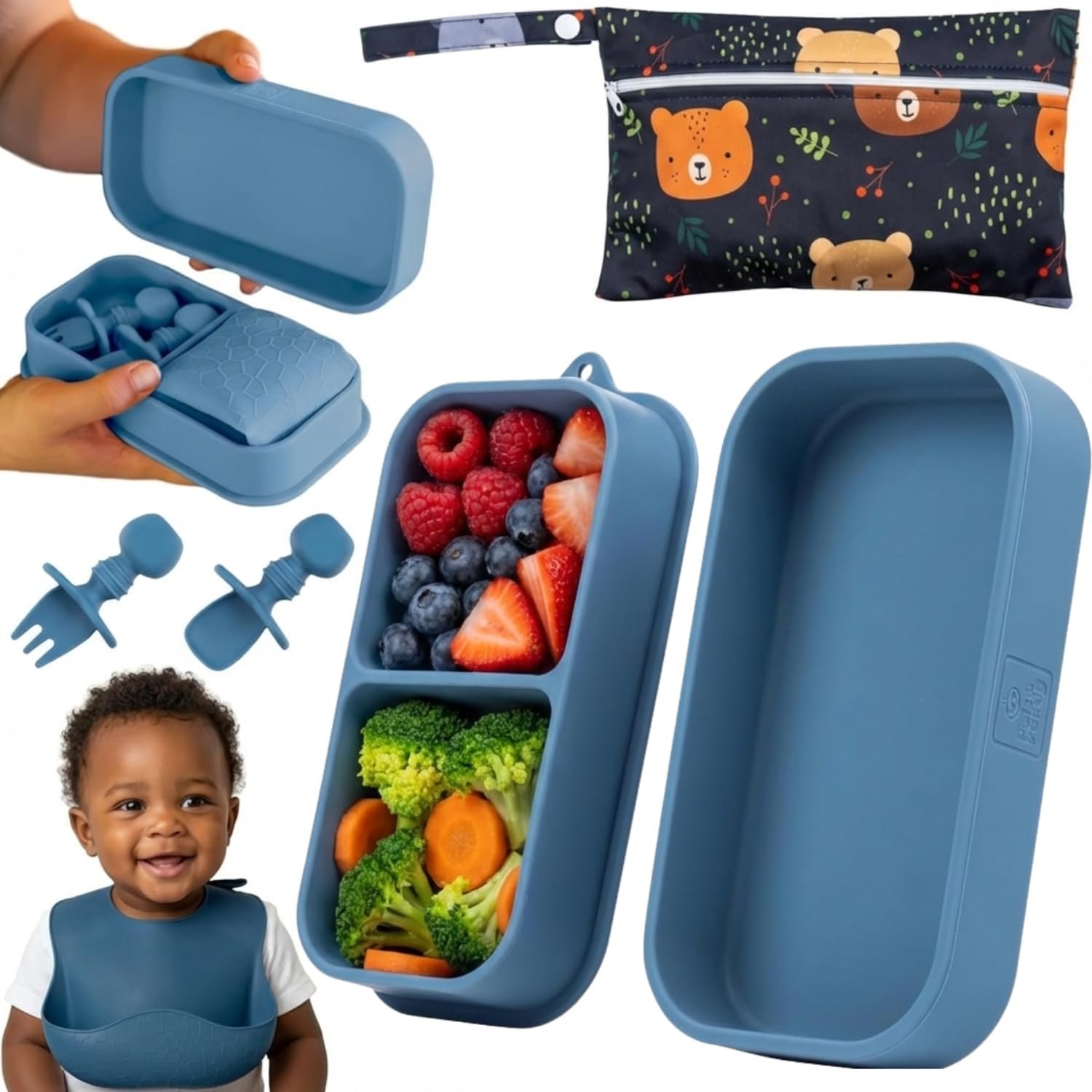 Baby Travel Essentials 6 Pc Silicone Feeding Set – Portable Toddler Plates with Suction, Baby Spoons & Foldable Bib in Carrying Case – BPA-Free Infant & Toddler Utensils for Airplanes & Eating Out
