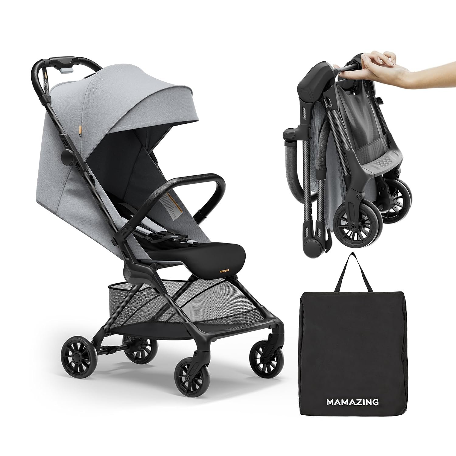 MAMAZING Ultra Air X Travel Stroller – Ultra-Lightweight Under 10 lbs, Carbon Fiber Frame & Airplane Friendly, Lightweight Stroller with Reclining Seat, UPF 50+ Canopy & Travel Bag