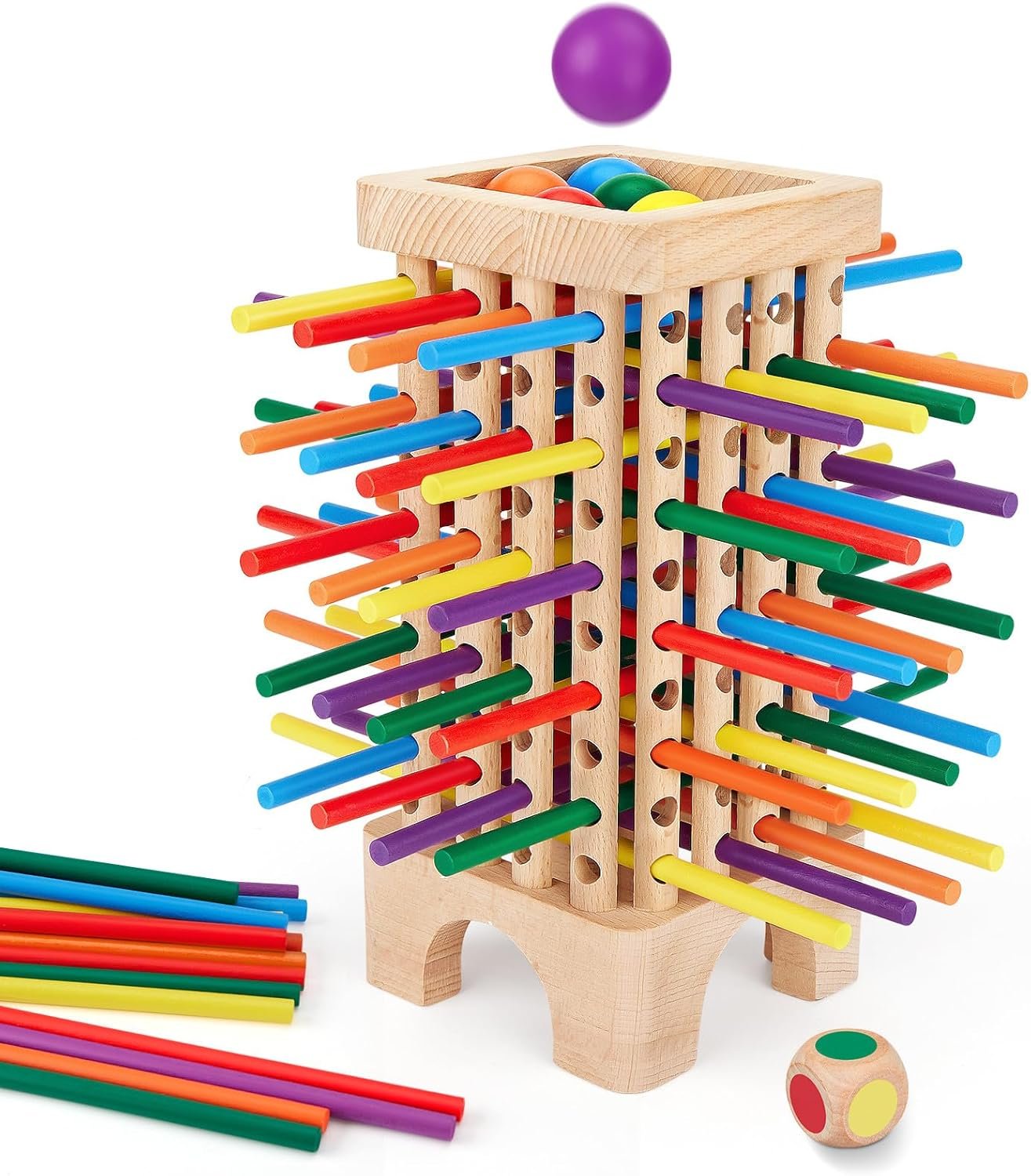 Montessori Game Wooden Board Game, 42 Colorful Wooden Sticks Dice Game Math Educational Toys for 3 4 5 6 Years Old, Fine Motor Skills Toys & Counting Toy Family Game Travel Toys Gifts for Kids
