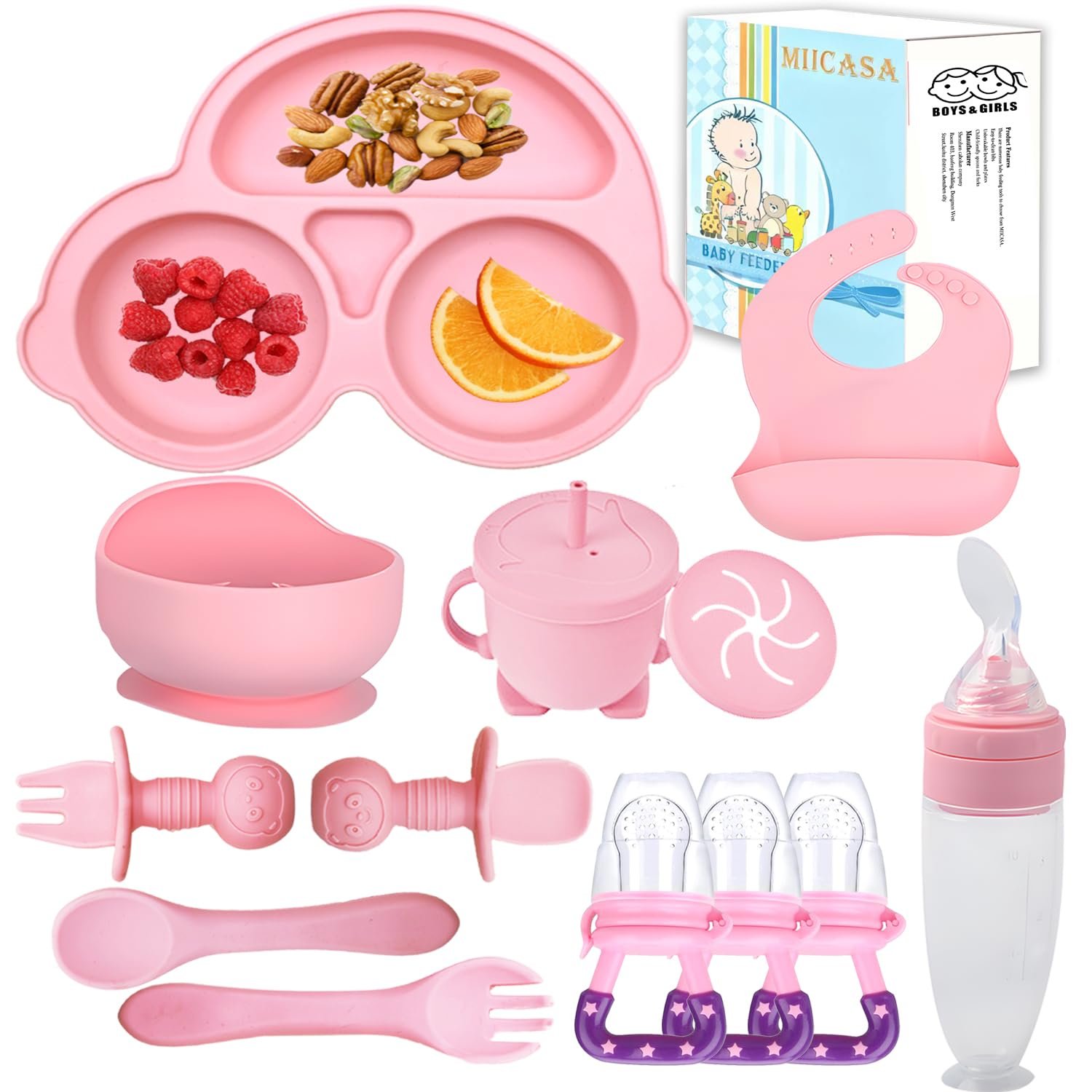 Silicone Baby Feeding Set,Miicasa Baby Led Weaning Supplies Kit With Suction Bowl & Car Plate, Bib, Spoon, Fork, Cup – Food-Grade Silicone, Dishwasher-Safe, No BPAs – For 3+ Months