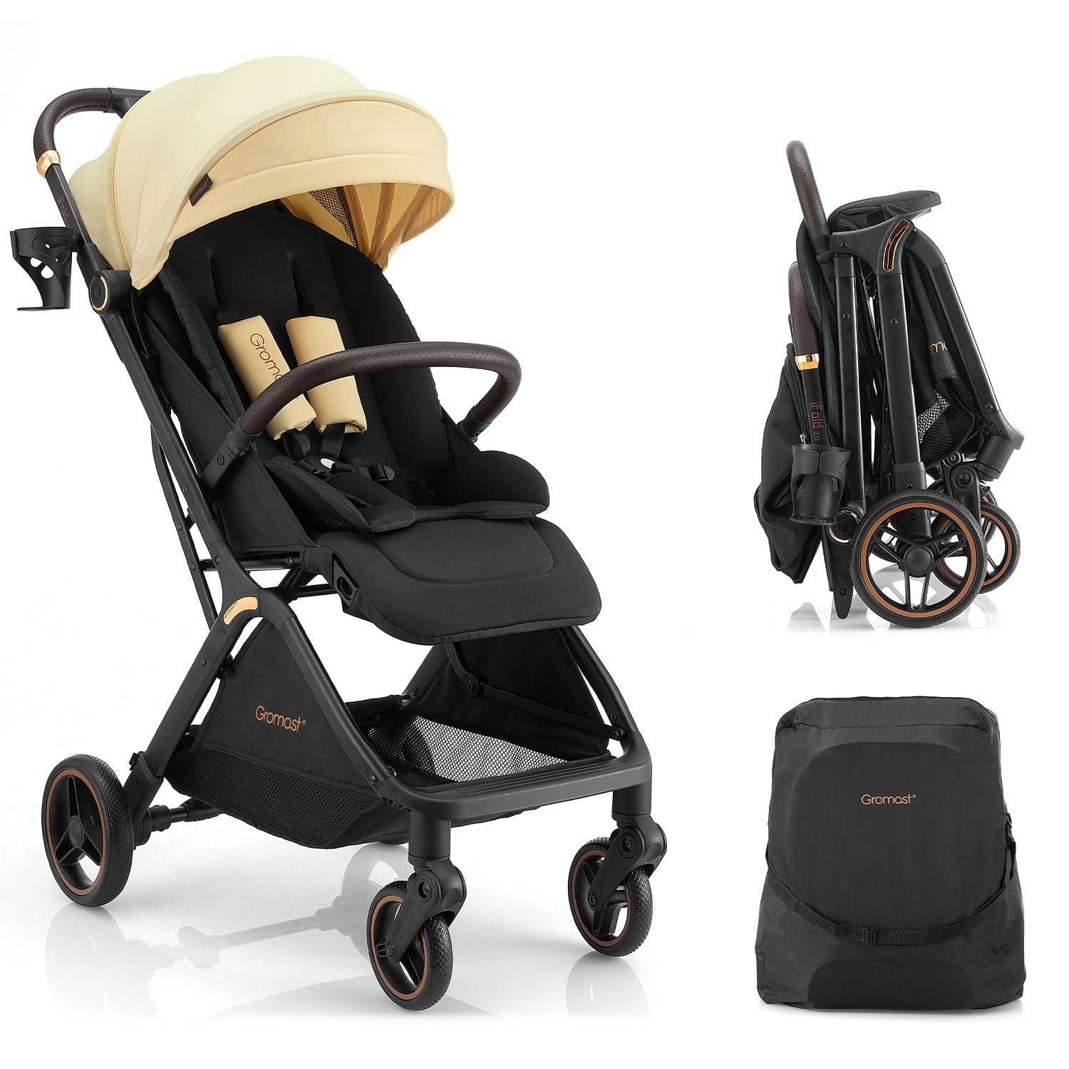 Gromast Gravity Folding Baby Stroller – Portable Travel Toddler Stroller w/Adjustable Backrest, Canopy & Cup Holder, Lightweight and UV Protected, One-Hand Automatic Folding – Beige