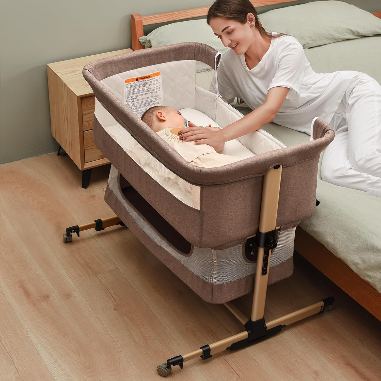 Soobaby 3 in 1 Baby Crib, Bassinet Bedside Crib Adjustable Portable Bed for Infant,Baby Newborn Must Have Bed,Khaki