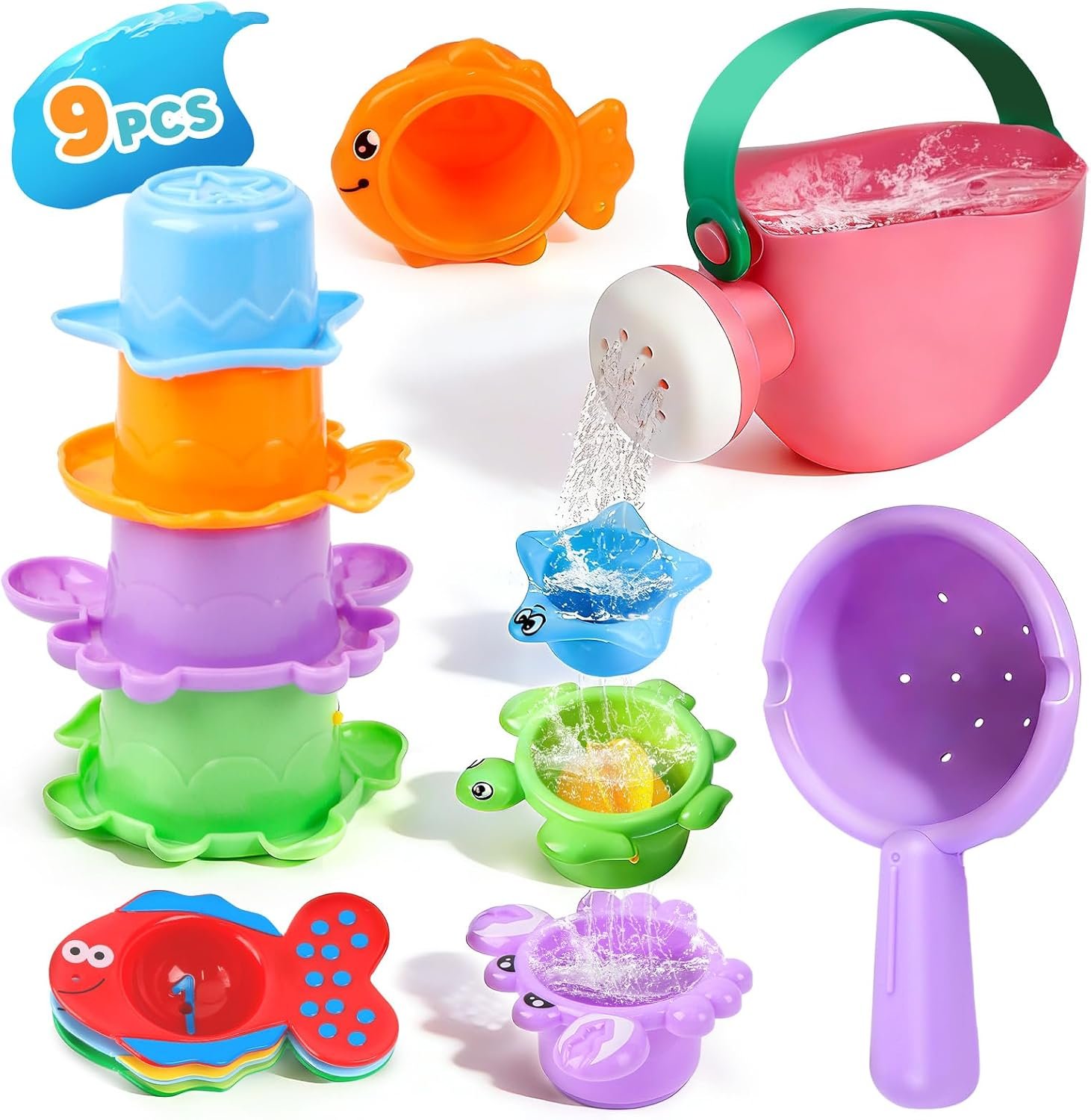 Baby Bath Toys for Kids Ages 1-3 9PCS Toddler Bath Toys Mold Free for 2-4 with Watering Can & Stacking Cups Colorful Bathtub Pool Water Toys for 1+ Year Old Girls Boys Gifts