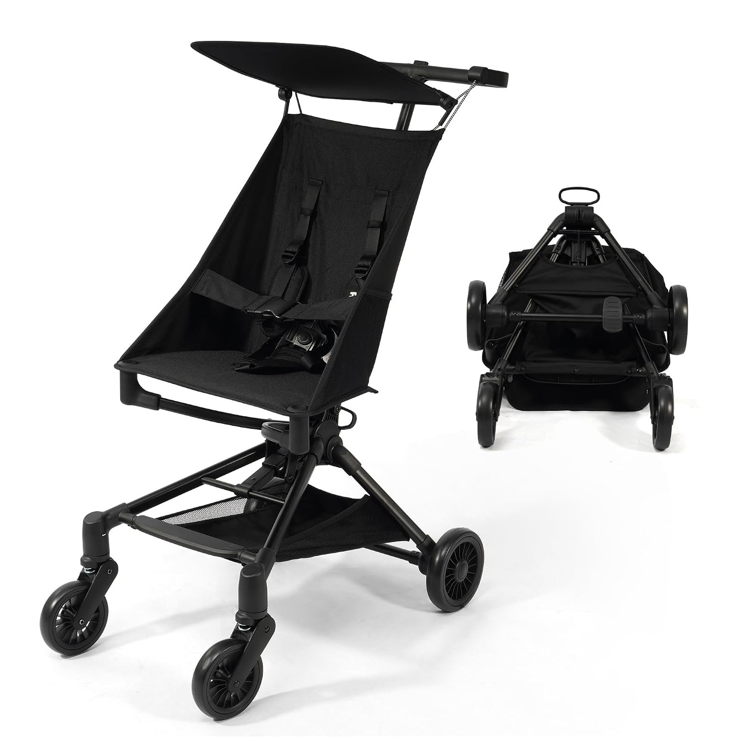 Lightweight Travel Stroller for Airplane,10.5 lbs Compact Foldable Baby Stroller with Sun Visor & Storage Basket,Convenience Airplane Strollers with Lockable Rear Wheels and Breathable Fabric,Midnight