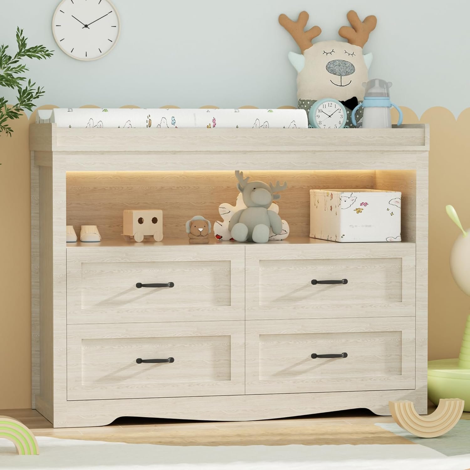 Baby Changing Table with Changing Table Top for Infants Nursery Dresser Chest with 4 Drawers Storage Changing Station Dresser with LED Light Diaper Changing Station Nursery Organizer,Beige