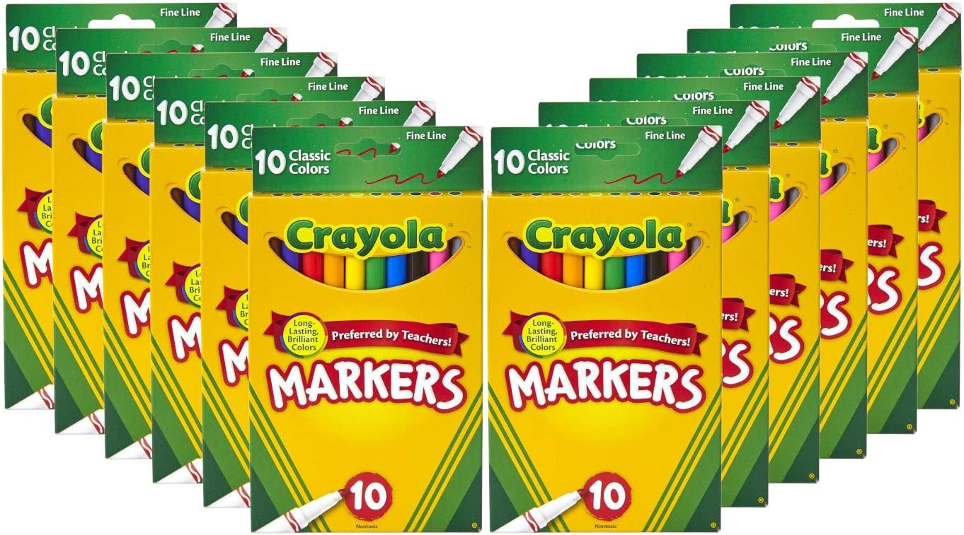 Crayola Fine Line Markers for Kids (12 Boxes), Bulk Coloring Markers for School, 10 Assorted Colors, Essential Teacher Classroom Supplies, Ages 3, 4, 5