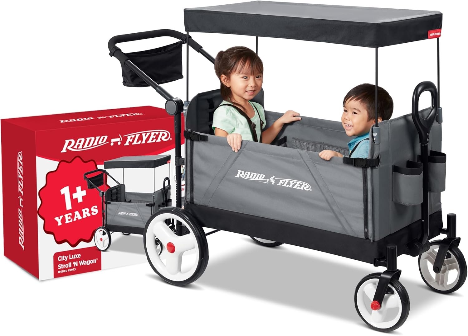 Radio Flyer City Luxe Stroll ‘N Wagon, Ages 1+, 3-in-1 Push or Pull, Easy Fold, UV Canopy, 5-Point Harnesses, Front Caster & 12″ Rear Wheels, Stroller Wagon, Amazon Exclusive