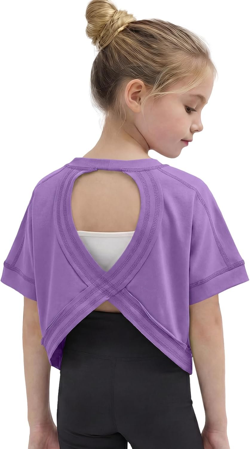Wenlia Girls Athletic Shirts Short Sleeve Open Back Tops Active Sports Tshirts Quick Dry Workout Crop Tees Activewear 5-14Y