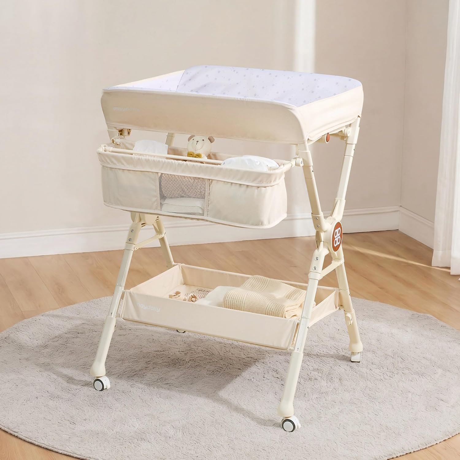 Maydolly Changing Table，Portable Diaper Changing Station, Foldable Baby Changing Table,Compact Nursery Diaper Changing Table for Baby，Adjustable Height，Mobile on Wheels (Beige)