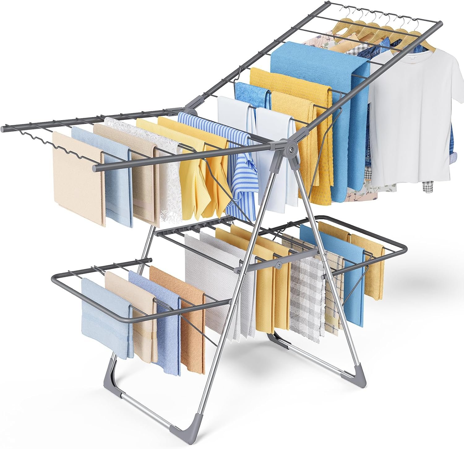 Sakugi Clothes Drying Rack, Foldable 2-Level Laundry Drying Rack with Height-Adjustable Wings, for Clothing & Bedding, Free-Standing Space-Saving Rack, Indoor & Outdoor, 55.5″ L × 22.8″ W, Gray