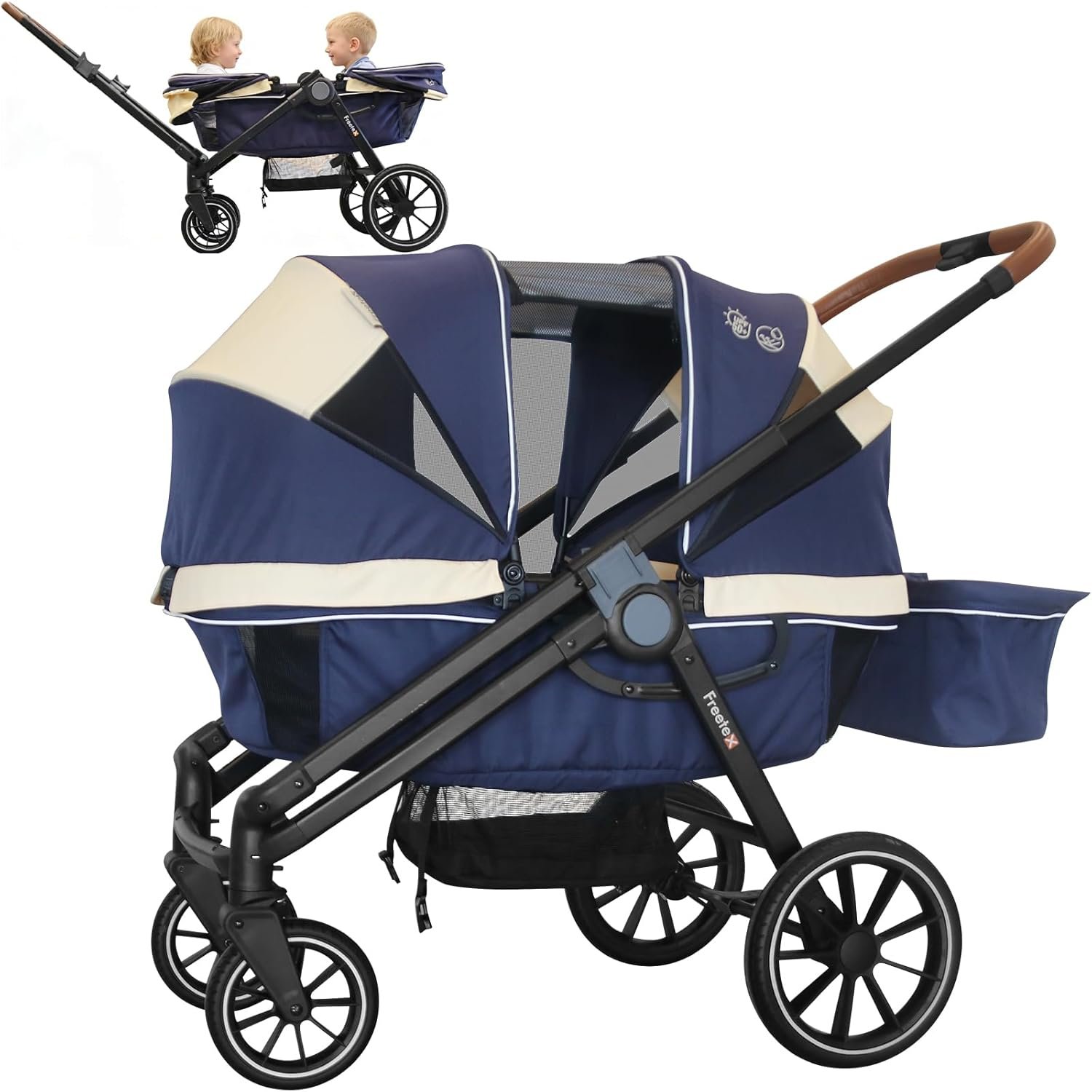 Wagon Stroller for 2 Kids, Double Seat, All-Terrain with Removable UV-Protection Canopy, Adjustable Push/Pull Handle, Cup Holders & Snack Tray for Baby and Toddler