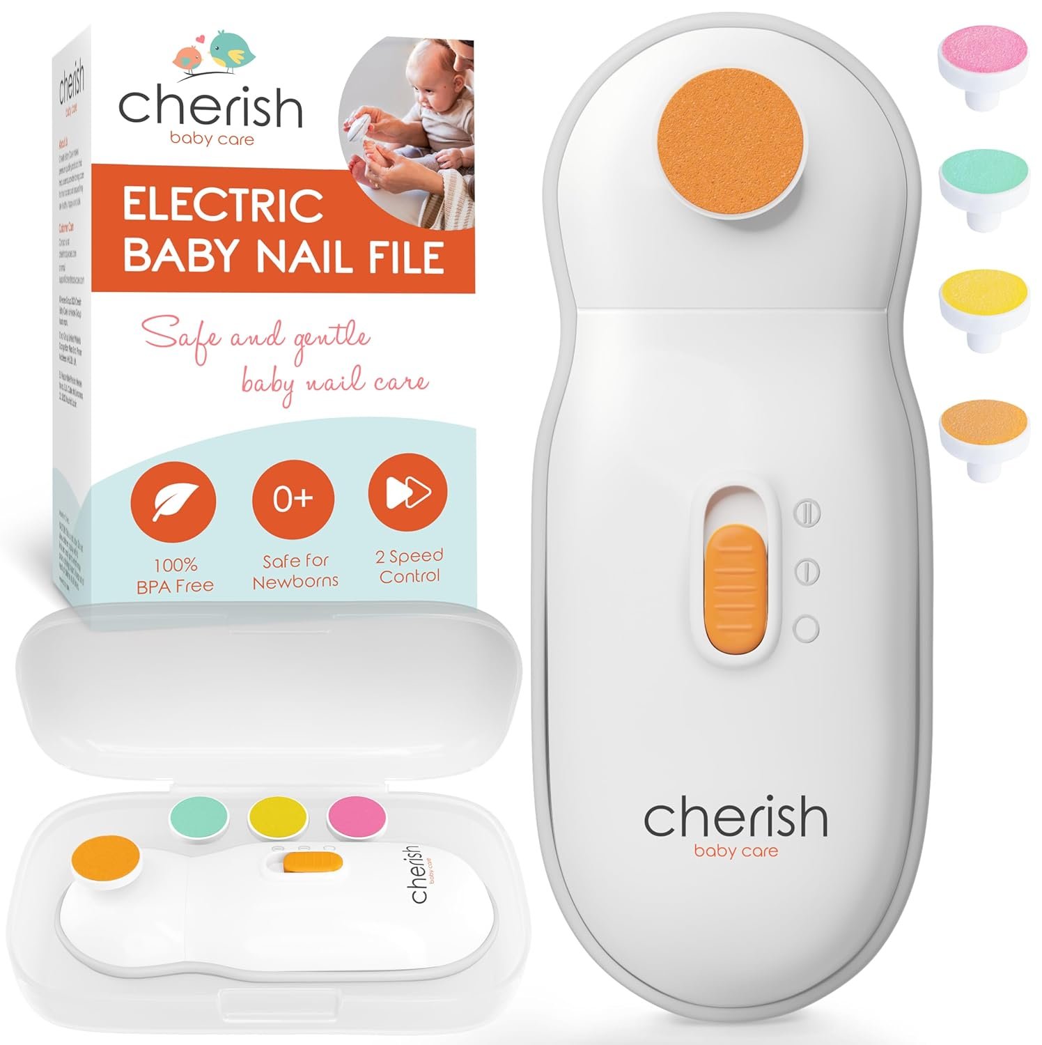Cherish Baby Care Baby Nail Trimmer Electric – Automatic Safety Stop, BPA-Free & Safety-Tested Electric Nail File Baby, Includes 4 File Pads, 0-12+ Months