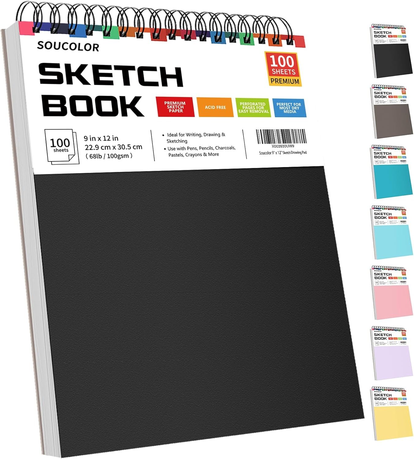 Soucolor 9″ x 12″ Sketch Book, 100 Sheets Top Spiral Bound Sketchbook with Acid-Free 68lb/100gsm Thick Drawing Paper, Art Sketch Pad for Kids, Adults & Artist, Professional Art Supplies for Beginners