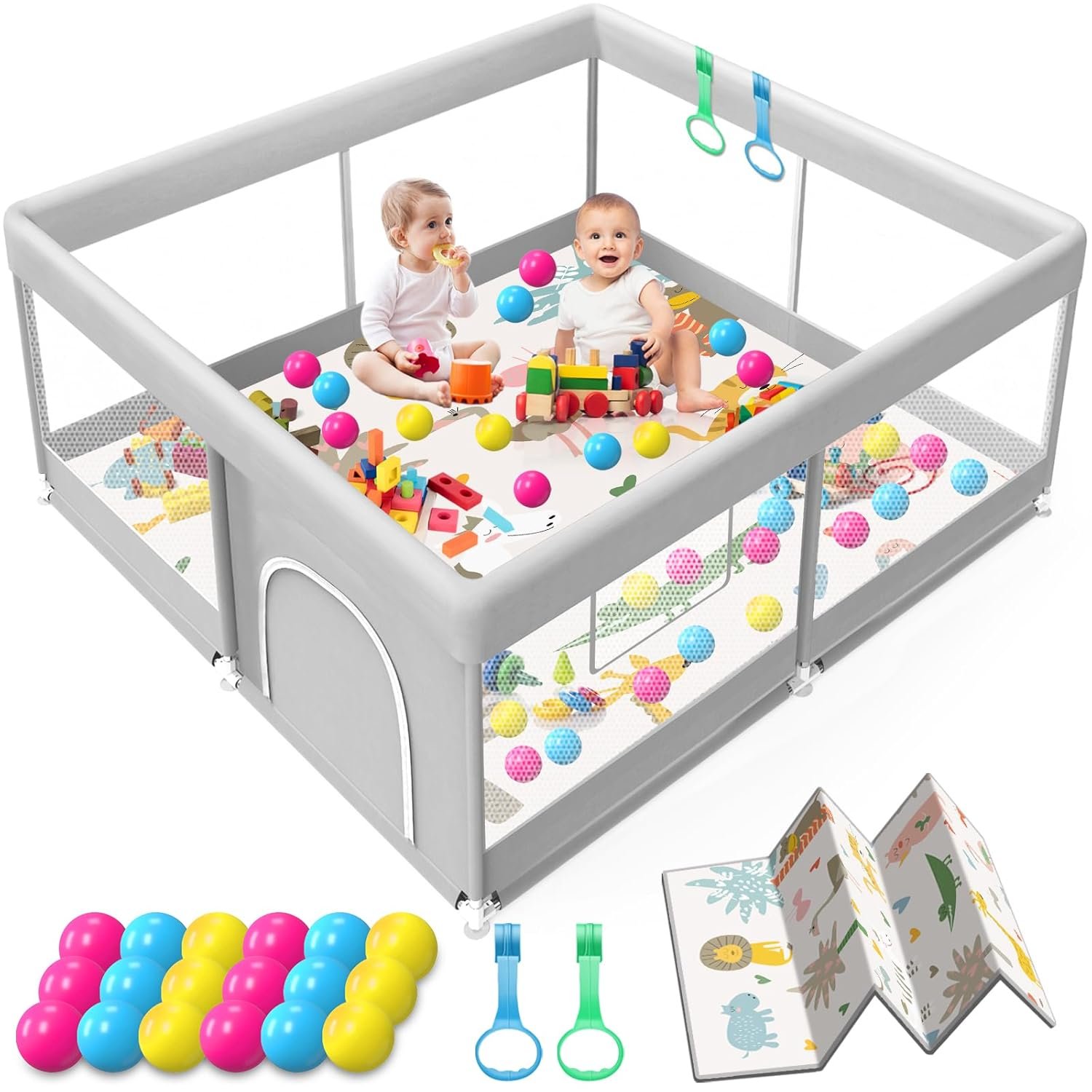 Baby Playpen with Mat, 50×50 Inch Playpen with Mat Waterproof for Babies and Toddlers Play Pen Playards Safety Gate Fence Active Center Indoor