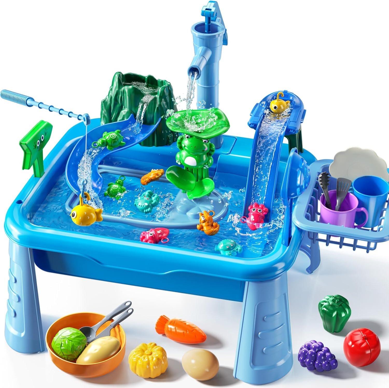 Water Table Play Sink Toy for Kids 2 3 4 5 6 Years Old – Outdoor Kitchen with Running Water, Fishing Games, Toddler Water Play Table for Kids Ages 3-8, Beach Outdoor Toys, Birthday Gifts 2+ 3-5 (Blue)