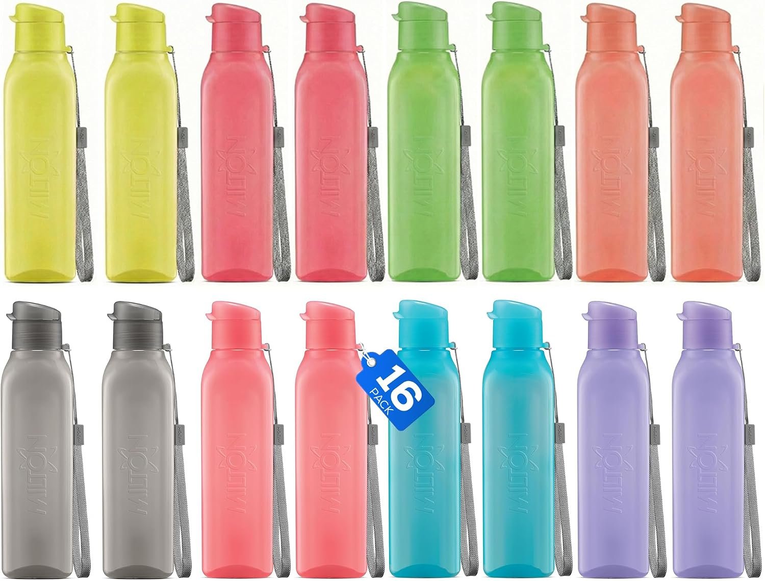 Bulk Water Bottles Set of 16 –17oz Multicolor Sports Bottles for Kids and Adults – Leak Proof Water Bottles with Carry Strap – Square Reusable Bottles for Juice, Drinks – BPA-Free Dishwasher-Safe