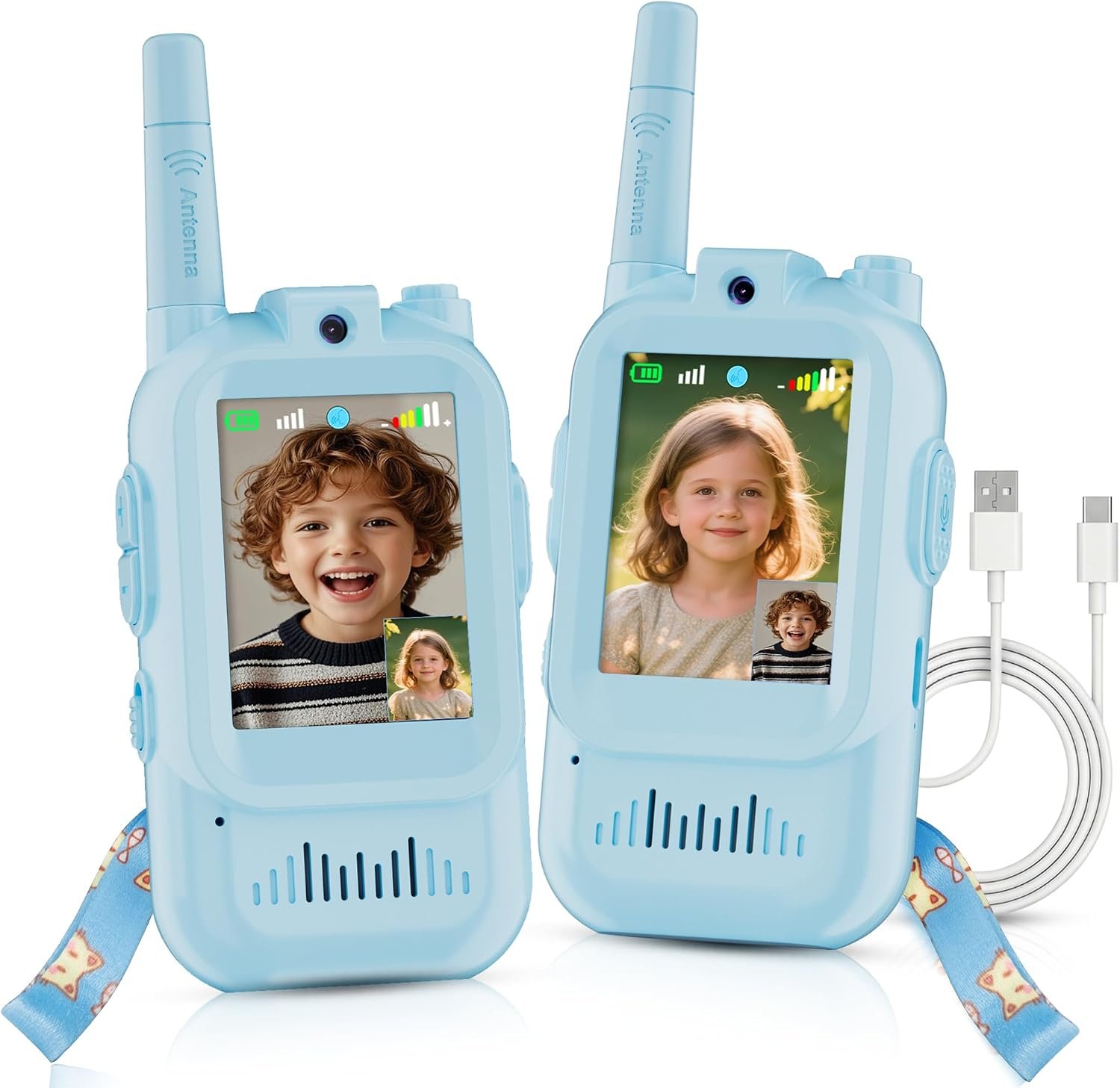 Walkie Talkie for Kids with Video: 2 Pack Rechargeable Toddler Toys with HD Camera & Voice Changer, Long Range Gift Toys for Boy & Girl Age 3-8 for Outdoor Play, Camping (Blue-Blue)