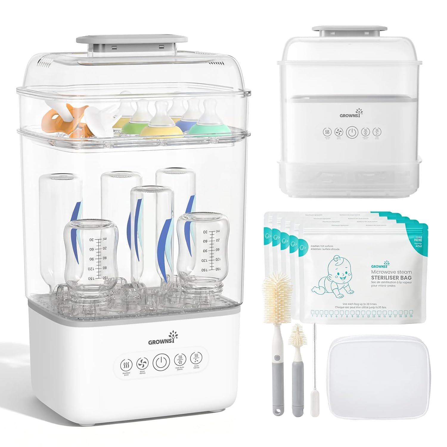 Grownsy Bottle Sterilizer and Dryer, 6 Bottles Capacity, Space Saving Nesting Design Bottle Sanitizer Esterilizador de Biberones for All Size Bottles & Breast Pump Accessories, Travel Set Included