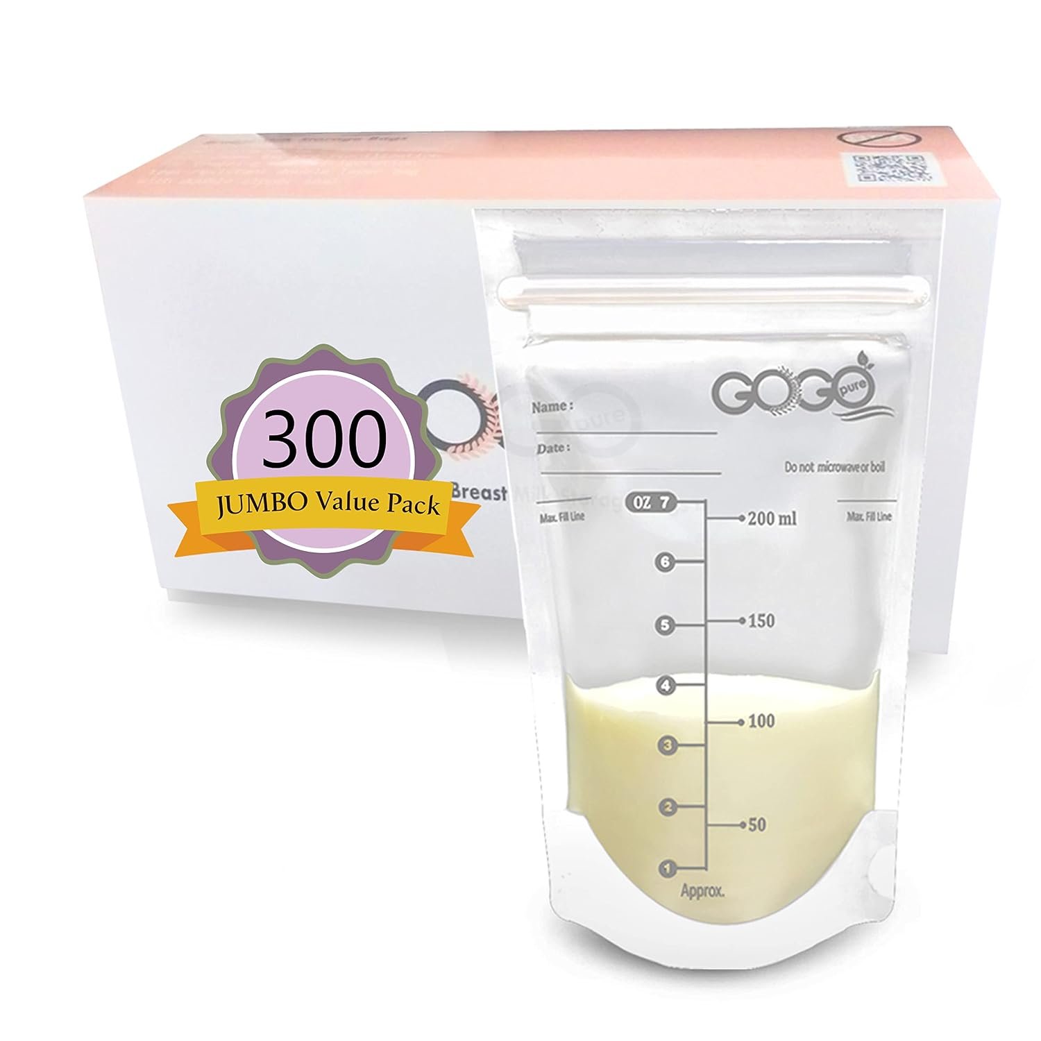 300 Count JUMBO Pack Breastfeeding Breastmilk Storage Bags – 7 OZ, EACH PRE-STERILIZED By Gamma Ray, BPA Free, Leak Proof Storing Double Zipper Seal, Self Standing, for Refrigeration and Freezing