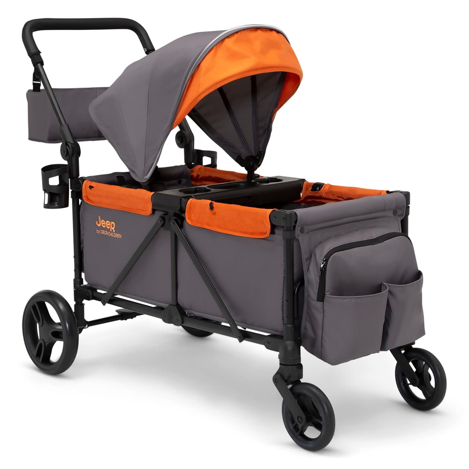 Jeep Sport All-Terrain Stroller Wagon by Delta Children – Includes Canopy, Parent Organizer, Adjustable Handlebar, Snack Tray & Cup Holders, Grey/Bonfire