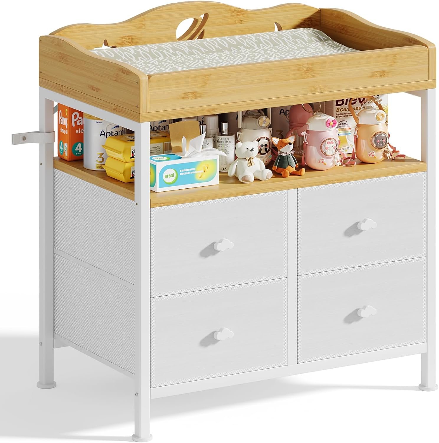 POKIPO Bamboo Changing Table Dresser with Sturdy Metal Frame, 4 Fabric Drawers, 3-in-1 Baby Dresser with Changing Table Top, Diaper Changing Station and Storage Organizer for Modern Nursery
