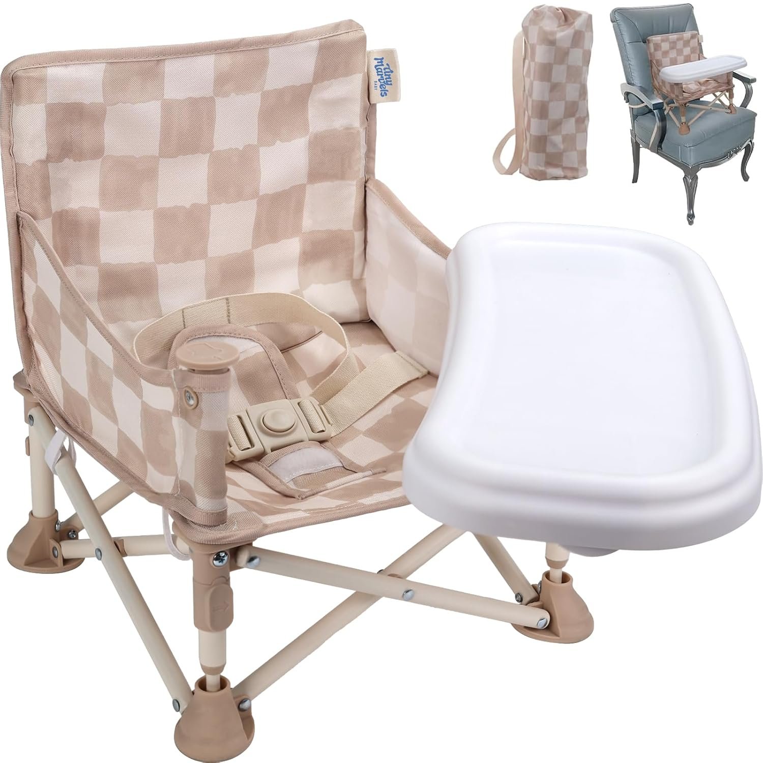 Tiny Marvels 3-in-1 Portable Baby Chair, Foldable Booster Seat with Removable Tray, Safety Harness & Carry Bag for Dining, Travel, Camping, Beach, 6M-3Y (Sand Checker)