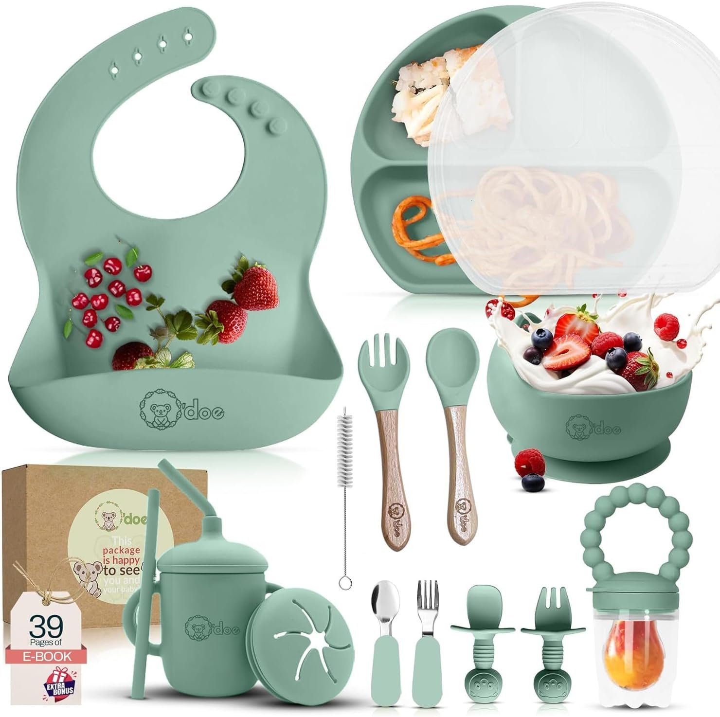 O’doe 17-Piece BPA-Free Silicone Baby Feeding Set | Thick & Soft Suction Plates, Baby Bowls, Wooden Fork & Spoon, and More | Make Mealtime Fun and Easy for Your Little One (Green, V2)