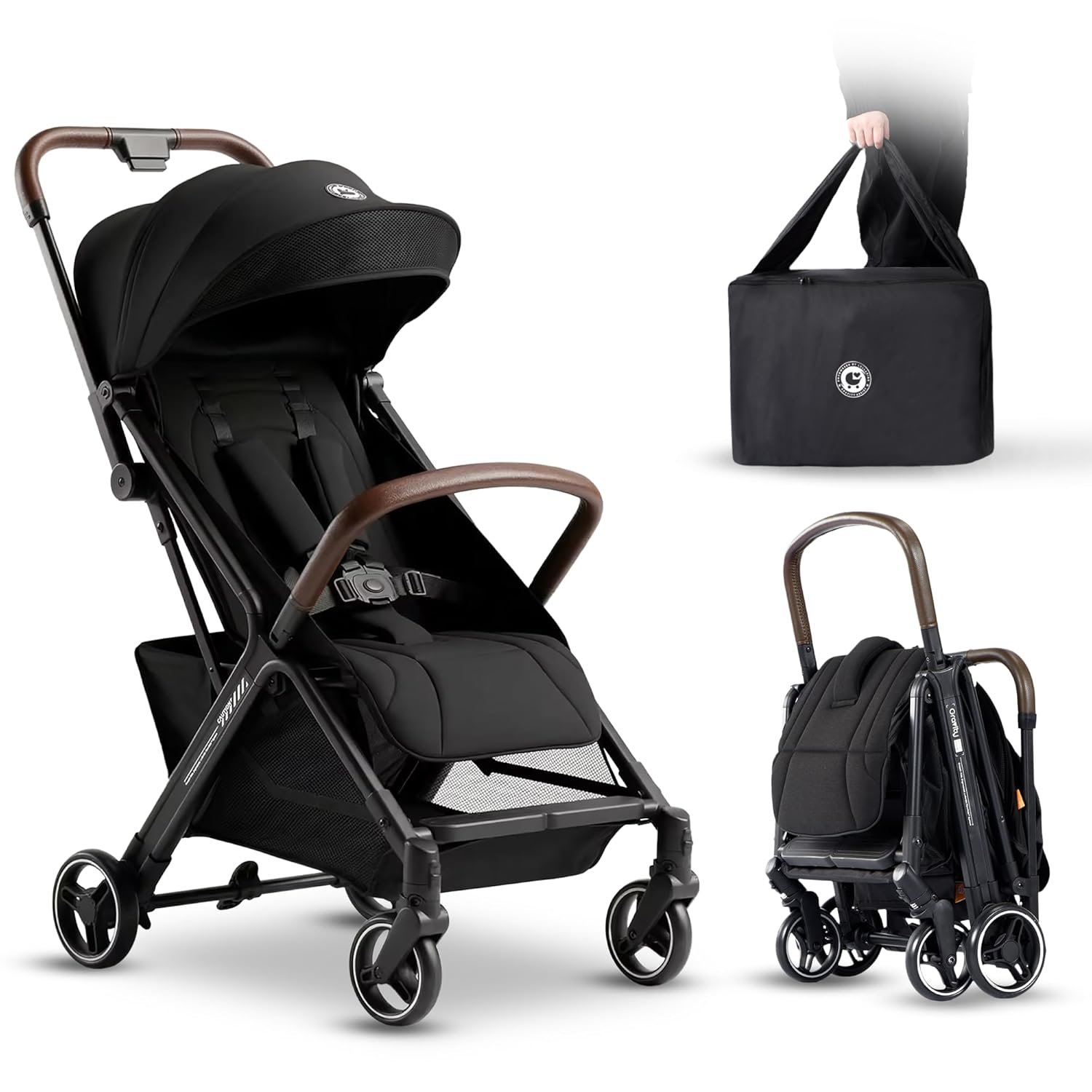 Lightweight Travel Stroller, One-Hand Fold Airplane Carry-On, Compact Baby & Toddler Stroller with Cup & Phone Holder, 6.6 lbs Capacity Basket, Adjustable Reclining Backrest, Black
