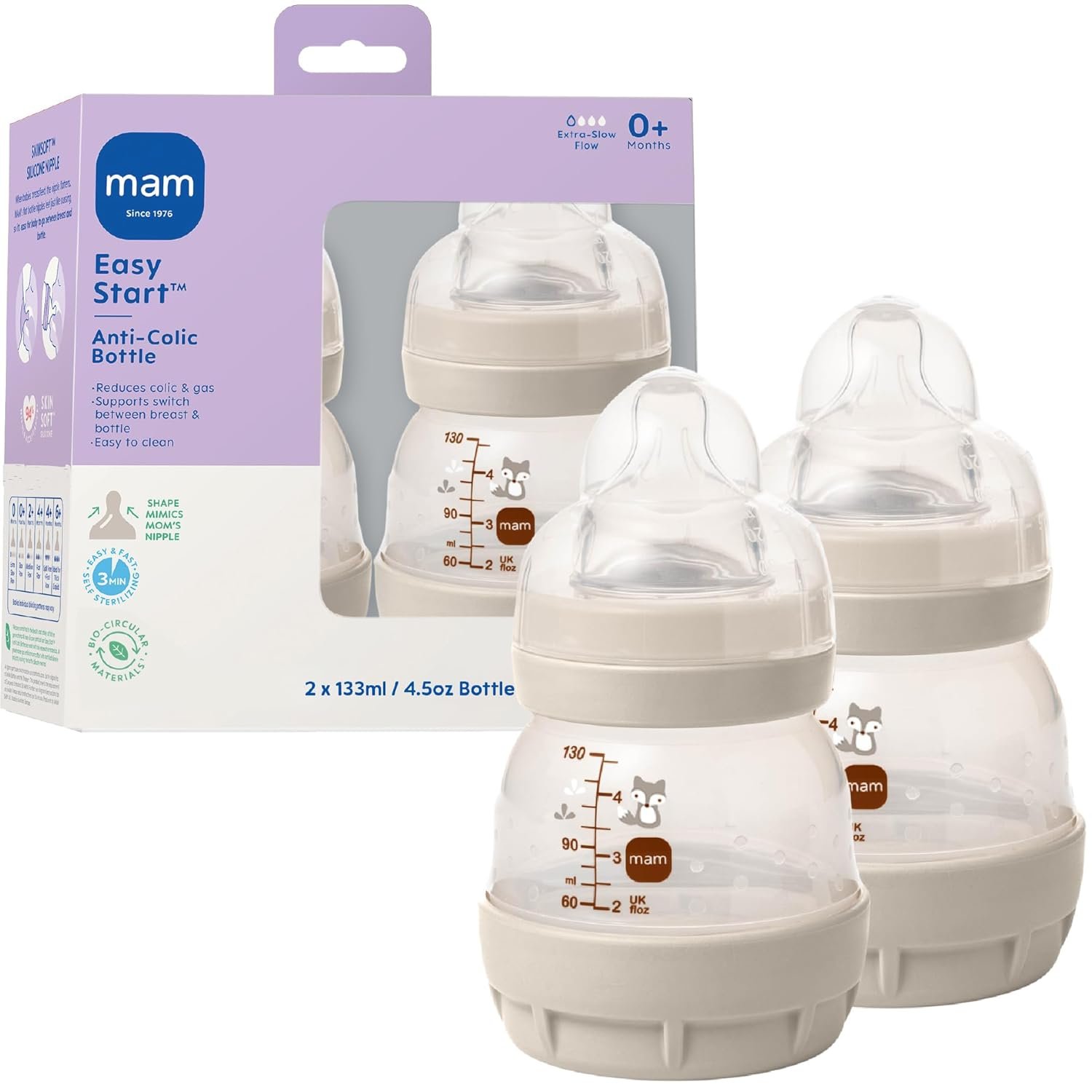 MAM 4.5oz Easy Start Anti-Colic+ Wide Neck Vented Baby Bottle, Extra Slow Flow Breastfeeding-Like Silicone Nipple, Reduces Colic, Gas & Reflux, Easy to Clean, BPA Free, 0+ Months, Unisex