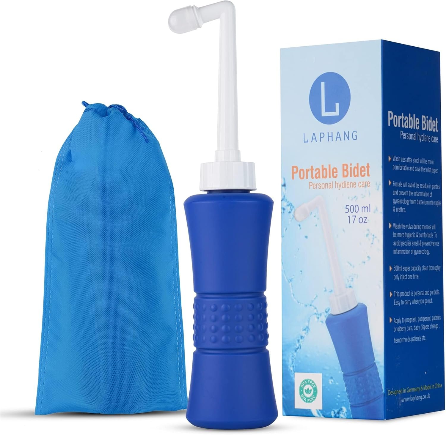 XL laphang Portable Bidet 500ml Blue Peri Bottle with Waterproof Pouch and Cap – PP + TPR, Leak Proof & Scratch Resistant –Perineal Bottle for Postpartum Hemorrhoids Healing, Maternity Kit Essentials