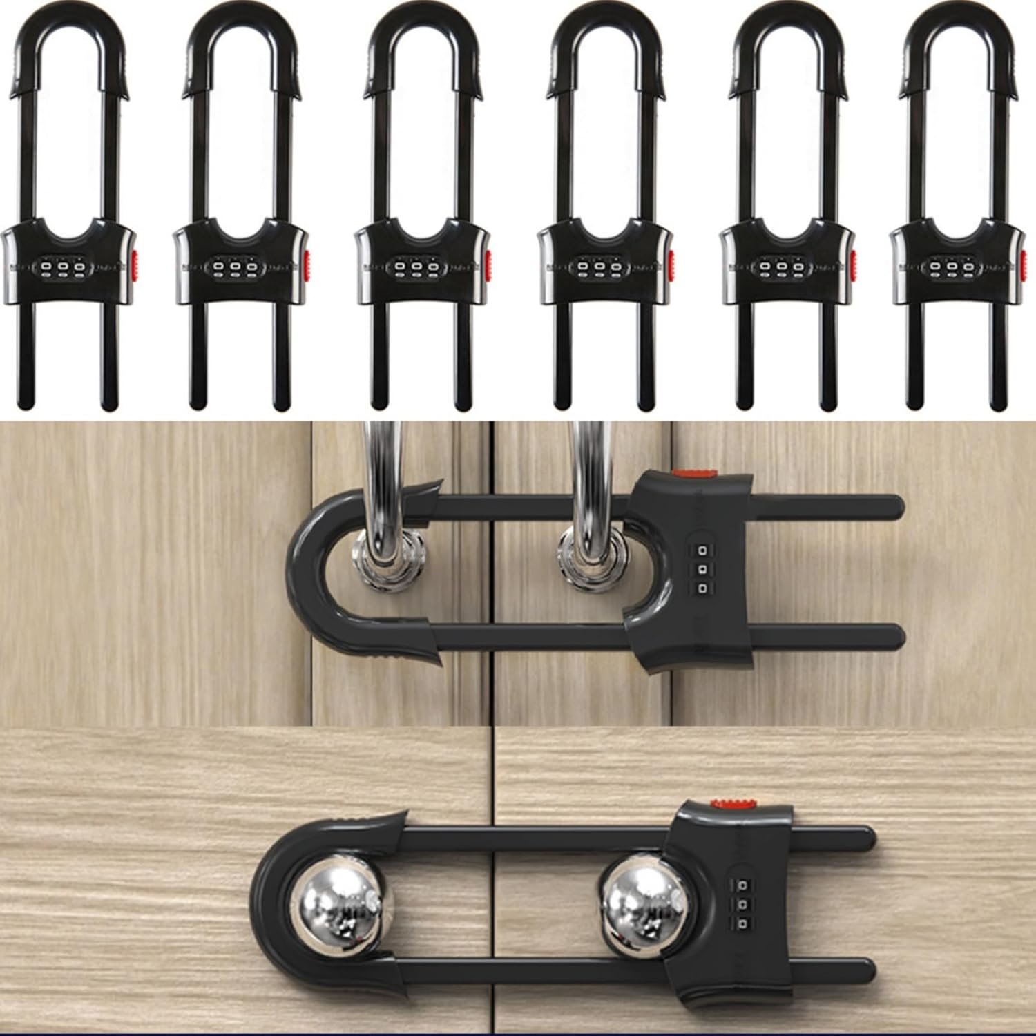 6 Pack Child Proof U-Shaped Code Sliding Cabinet Door Locks Adjustable Baby Safety Plastic Cupboard Cabinet Latches Set for Knob Handle Drawers Closet Black