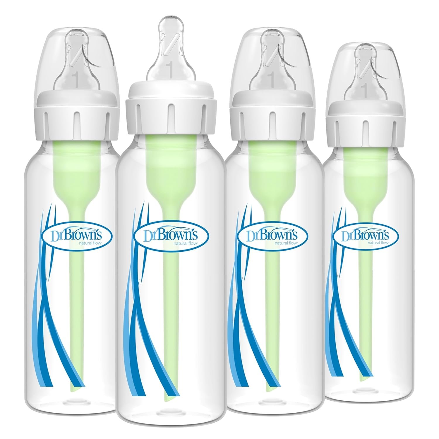 Dr. Brown’s Natural Flow Anti-Colic Options+ Narrow Baby Bottle, 8 oz/250 mL, with Level 1 Slow Flow Nipples, 0m+, 4 Pack