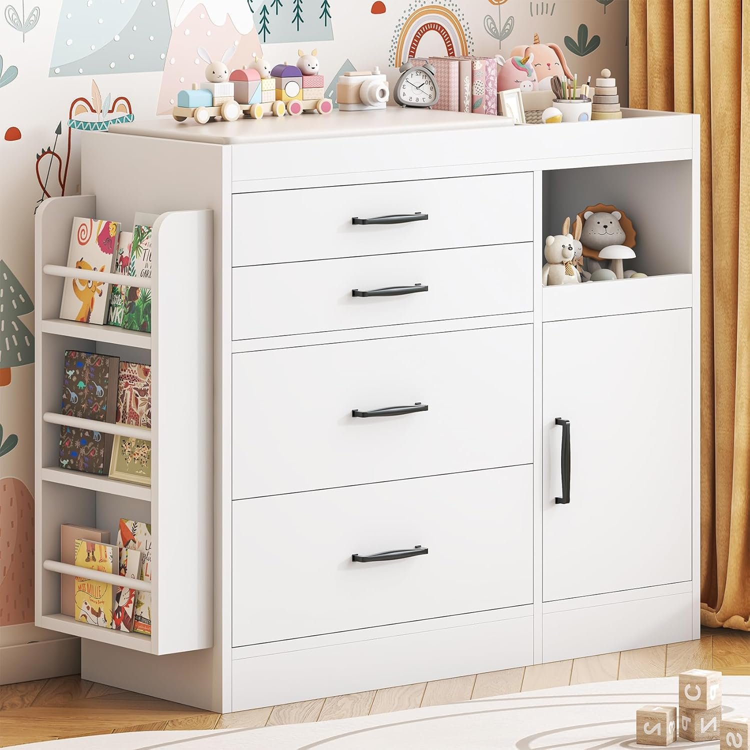 Bigbiglife Changing Table Dresser, Baby Nursery Dresser with 4 Drawers & 1 Cabinet & 3 Open Shelves Storage, Modern Diaper Changing Station for Children’s Room, Changing Pad Included, White