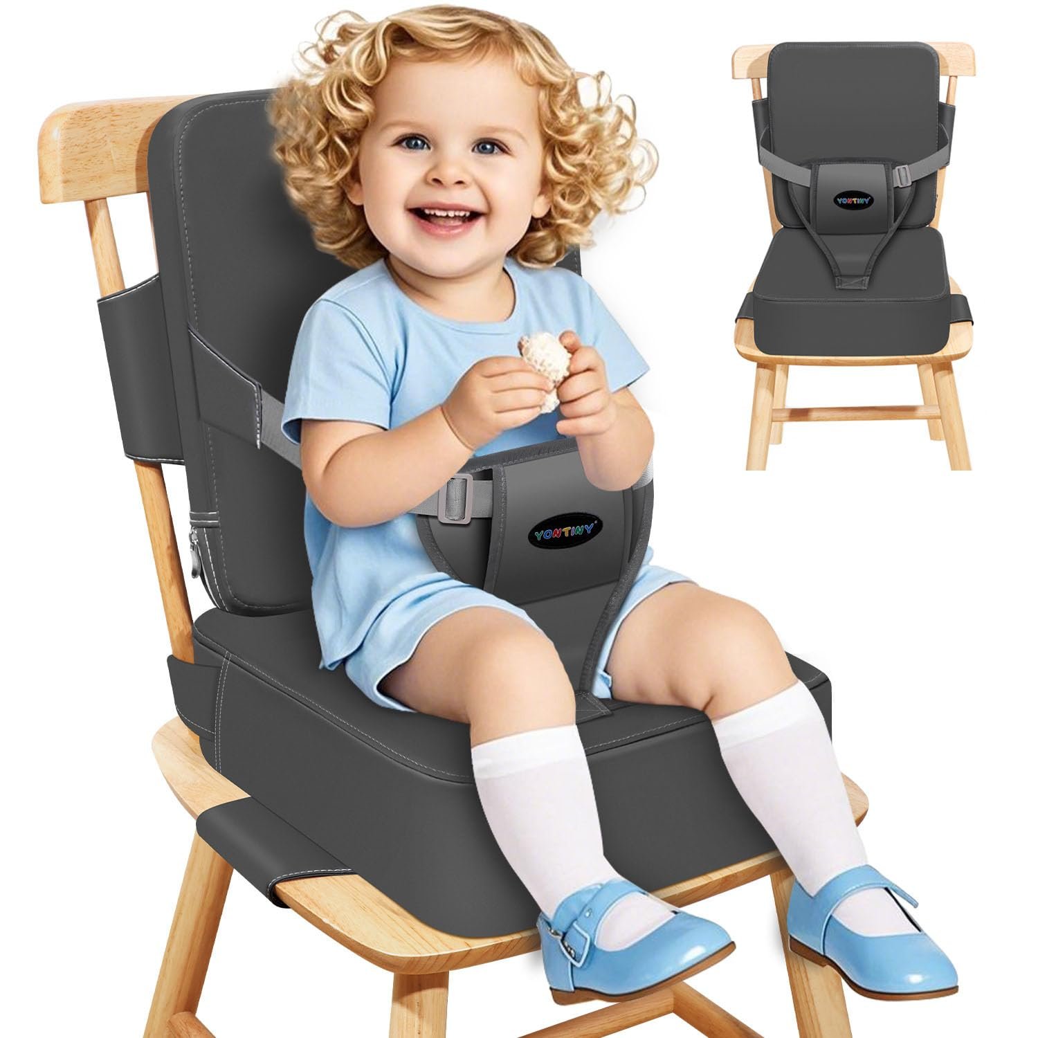 Toddler Booster Seat for Kitchen Chair with Removable Backrest & Adjustable Straps, PU Portable Waterproof & Non-Slip Booster Seat for Dining Table, Travel Child Eating Cushion – Dark Grey