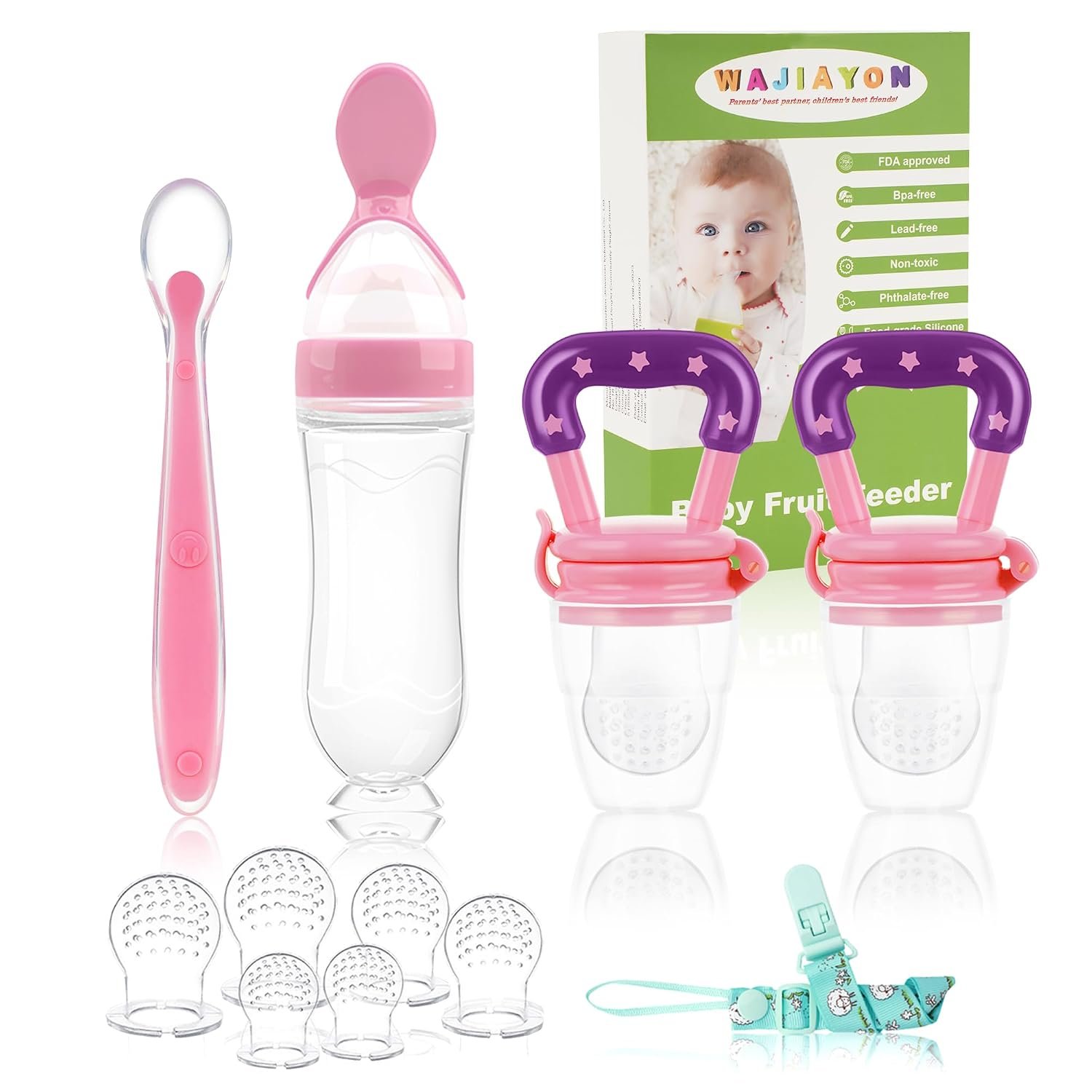 Baby Fruit Feeder Pacifier | Infant Food Feeder Pacifier & Food Dispensing Spoon | Mesh Fresh Fruit Teethers for Babies | Silicone Feeder Baby Shower Gifts for Boys and Girls (Pink)