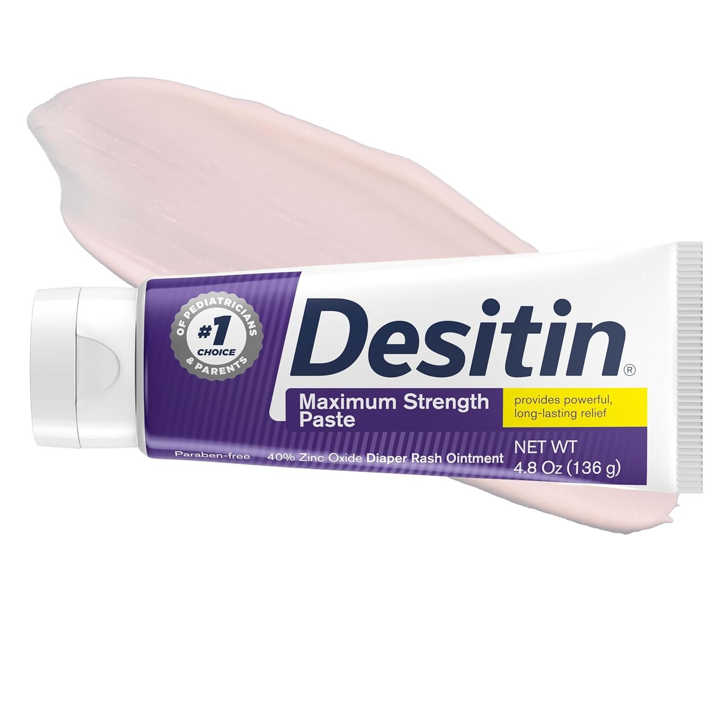 Desitin Maximum Strength Paste, 40% Zinc Oxide Paste, Diaper Rash Healing Ointment for Immediate Relief, Dermatologist Pediatrician Tested, Helps Heal Diaper Rash, Protects Up to 12 Hours, 4.8 Oz Tube