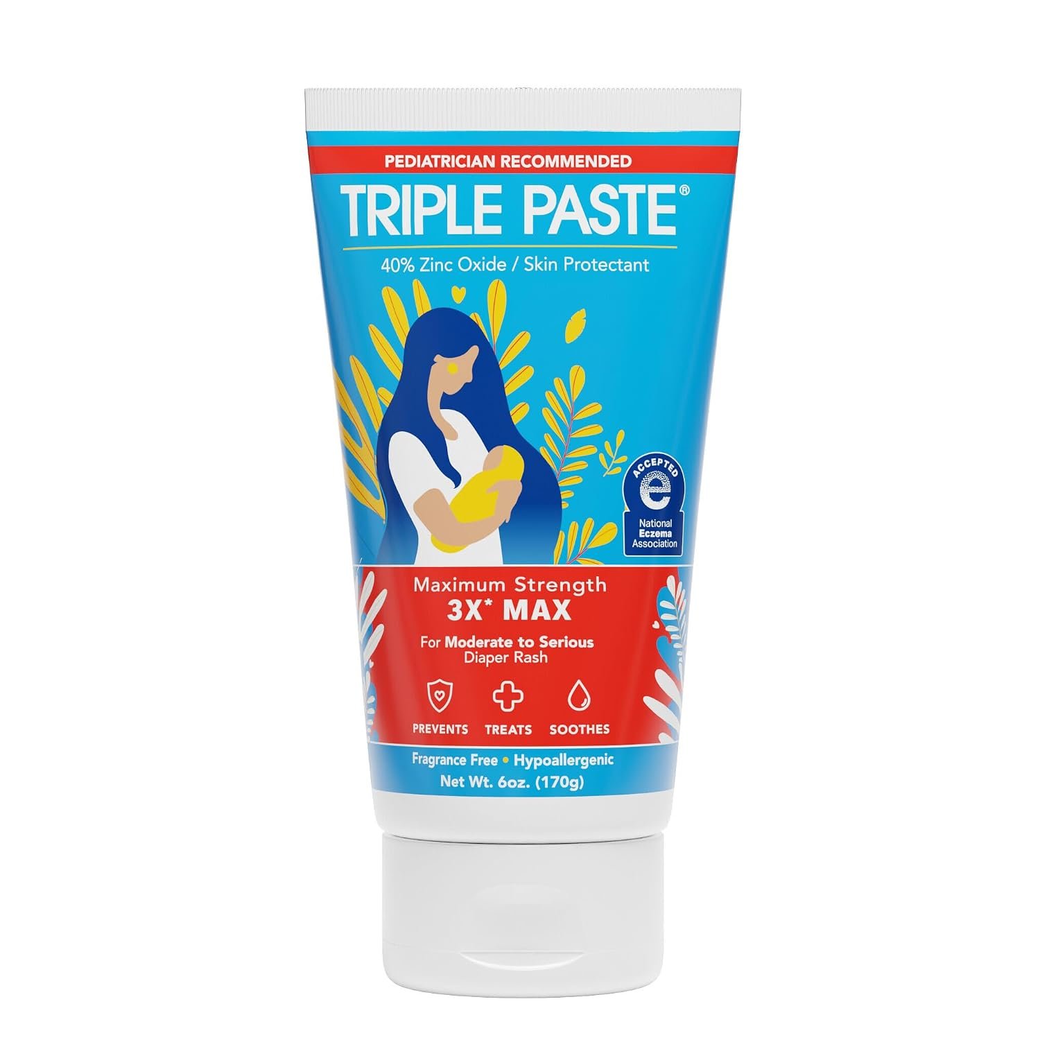 Triple Paste 3X Max Diaper Rash Ointment for Baby, Maximum Strength with 40% Zinc Oxide Ointment for Serious Diaper Rash, 6 oz Tube