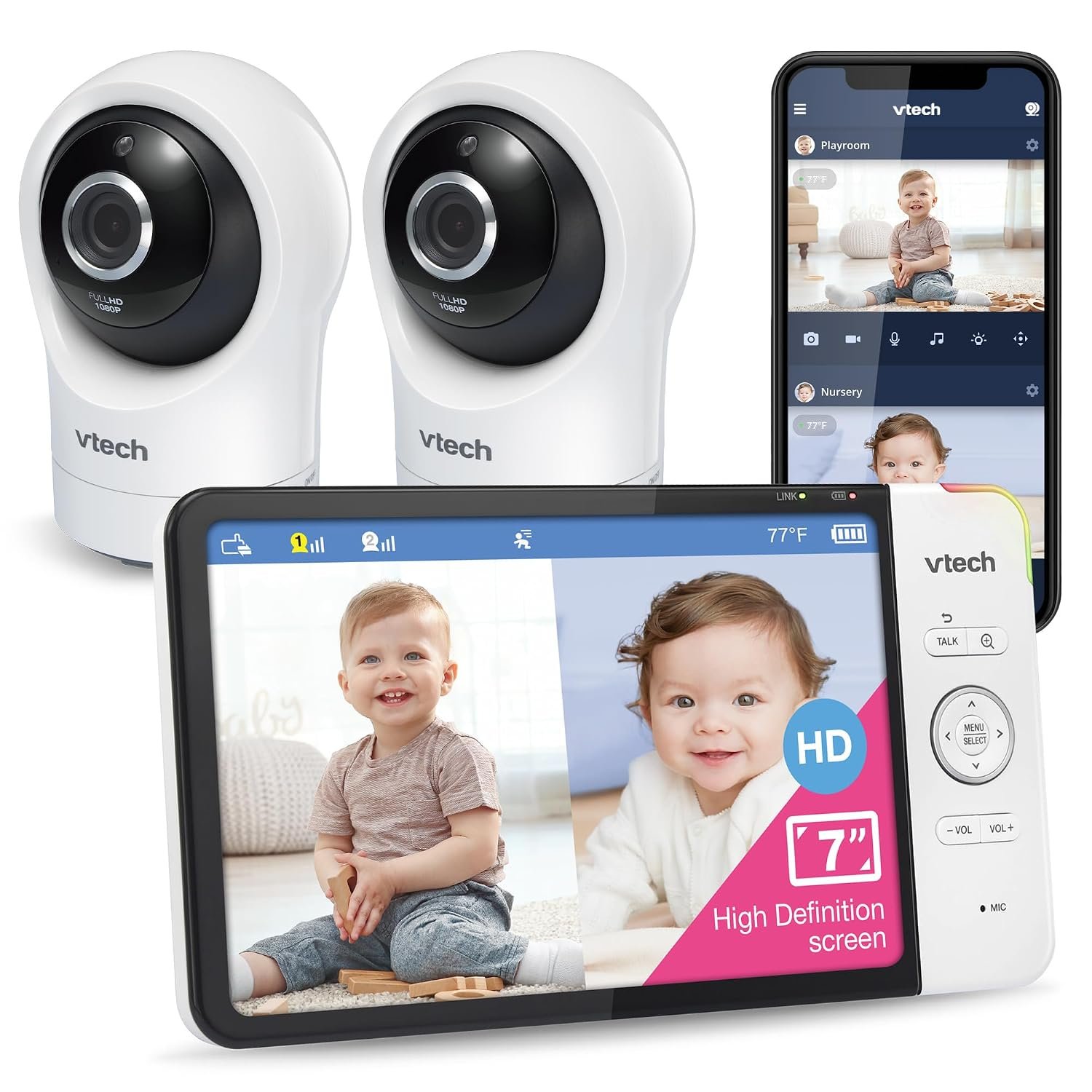 VTech RM7764-2HD Smart WiFi Baby Monitor with 2 Cameras, 1080p HD Video, 360° Pan & Tilt, 10x Zoom, 7″ HD Parent Unit, Night Vision, Soothing Sounds, 2-Way Talk, Temperature & Motion Detection