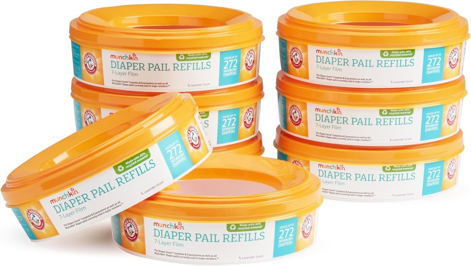 Munchkin® Arm and Hammer Diaper Pail Refills, 8 Pack, Lavender Scented, Holds 2176 Newborn Diapers