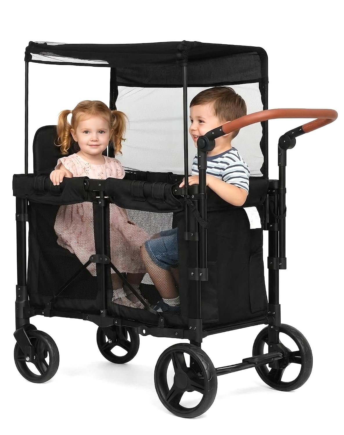 CAtArt Wagon Stroller for 2 Kids, Double Seater Push Stroller with Canopy | Ventilation Mesh | Push Pull Wagon for Kids with Removable Seat Pads, One-Hand Fold & Large Storage (Black)