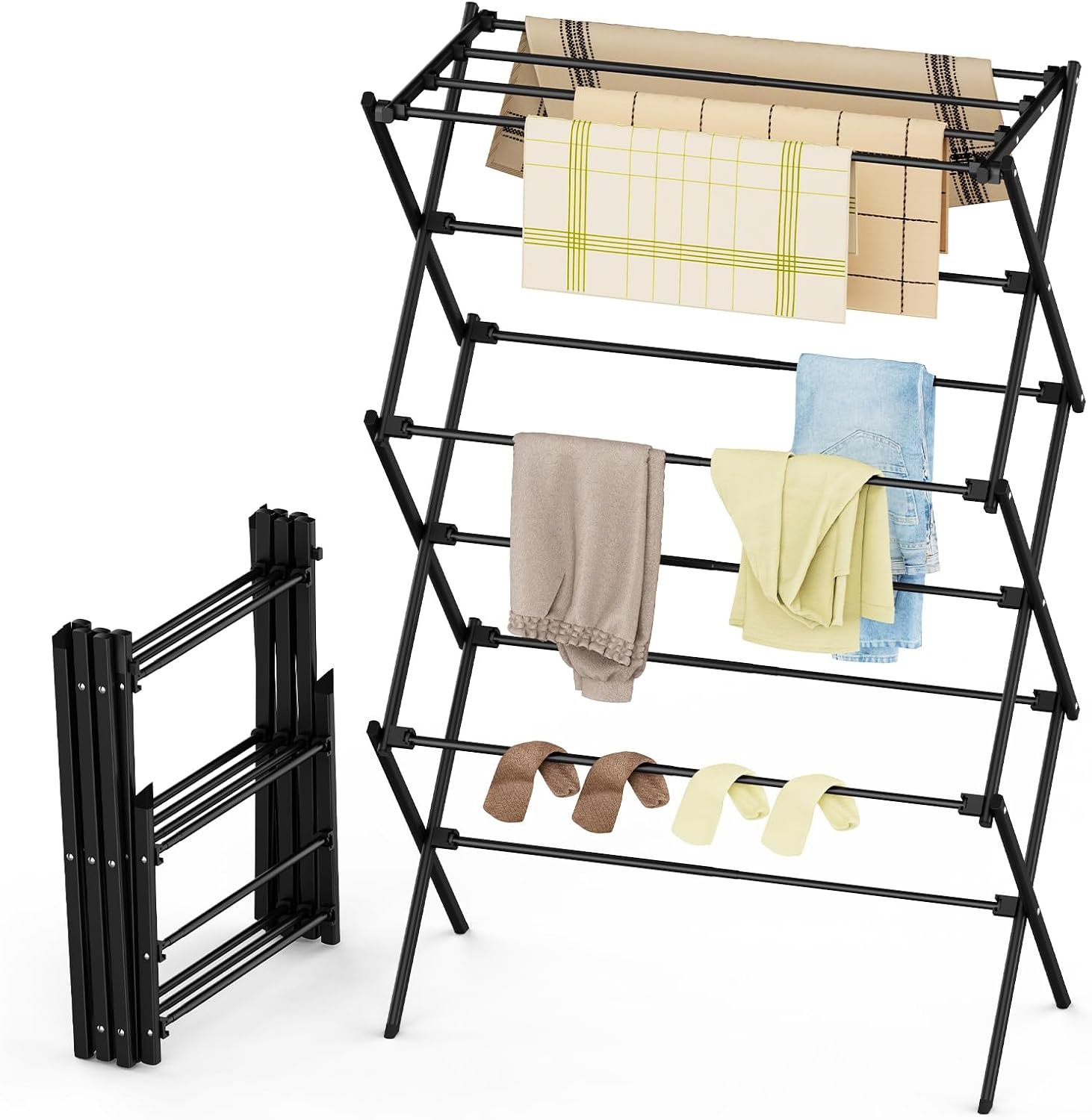 Drying Rack Clothing, 3-Tier Clothes Drying Rack Foldable, Antirust Laundry Drying Rack Collapsible Use for Indoor & Outdoor, 11.8″ D x 34.6″ W x 35.4″ H, Black
