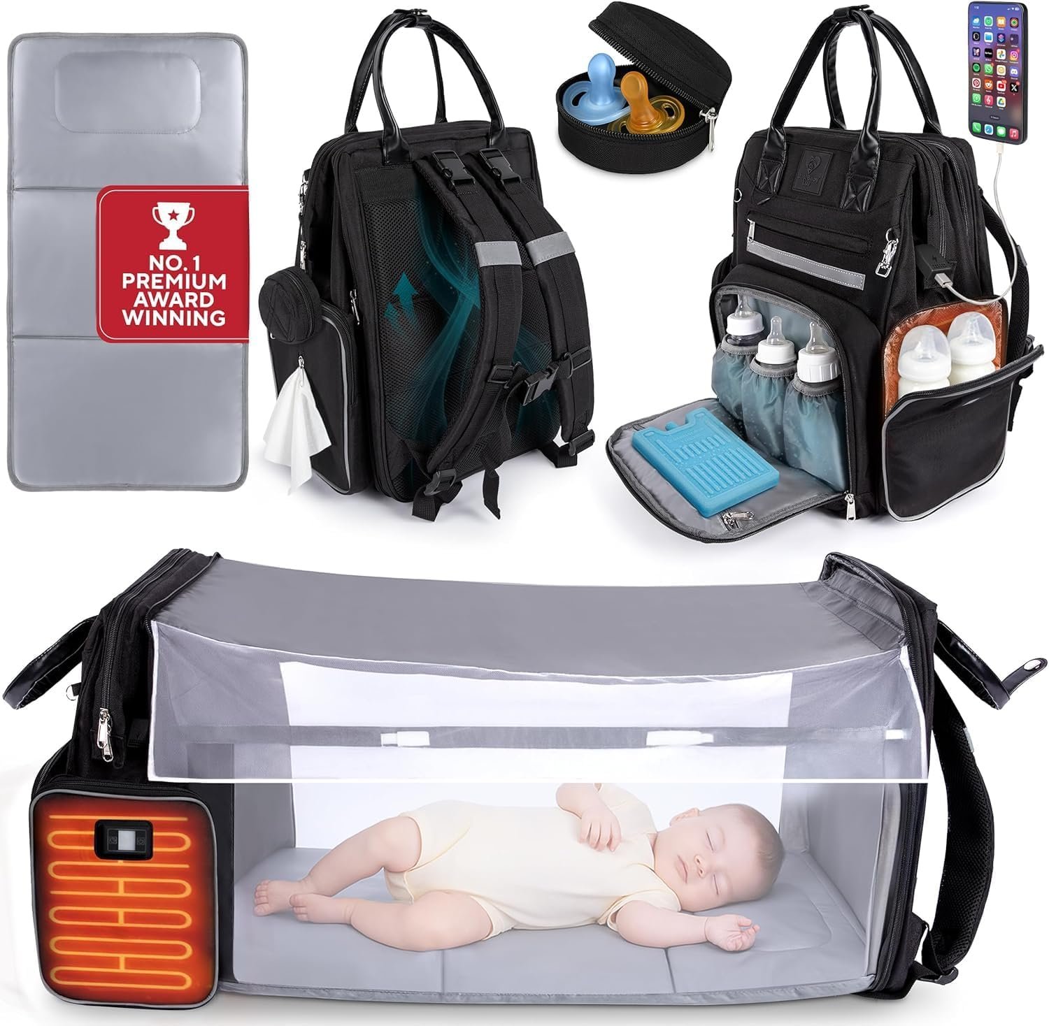 Award-Winning Baby Diaper Bag with Changing Station –Large Multifunction Waterproof Diaper Bag Backpack, Warm Bottle Pockets, Newborn Essentials Travel Gift for Mom & Dad, Best Baby Shower